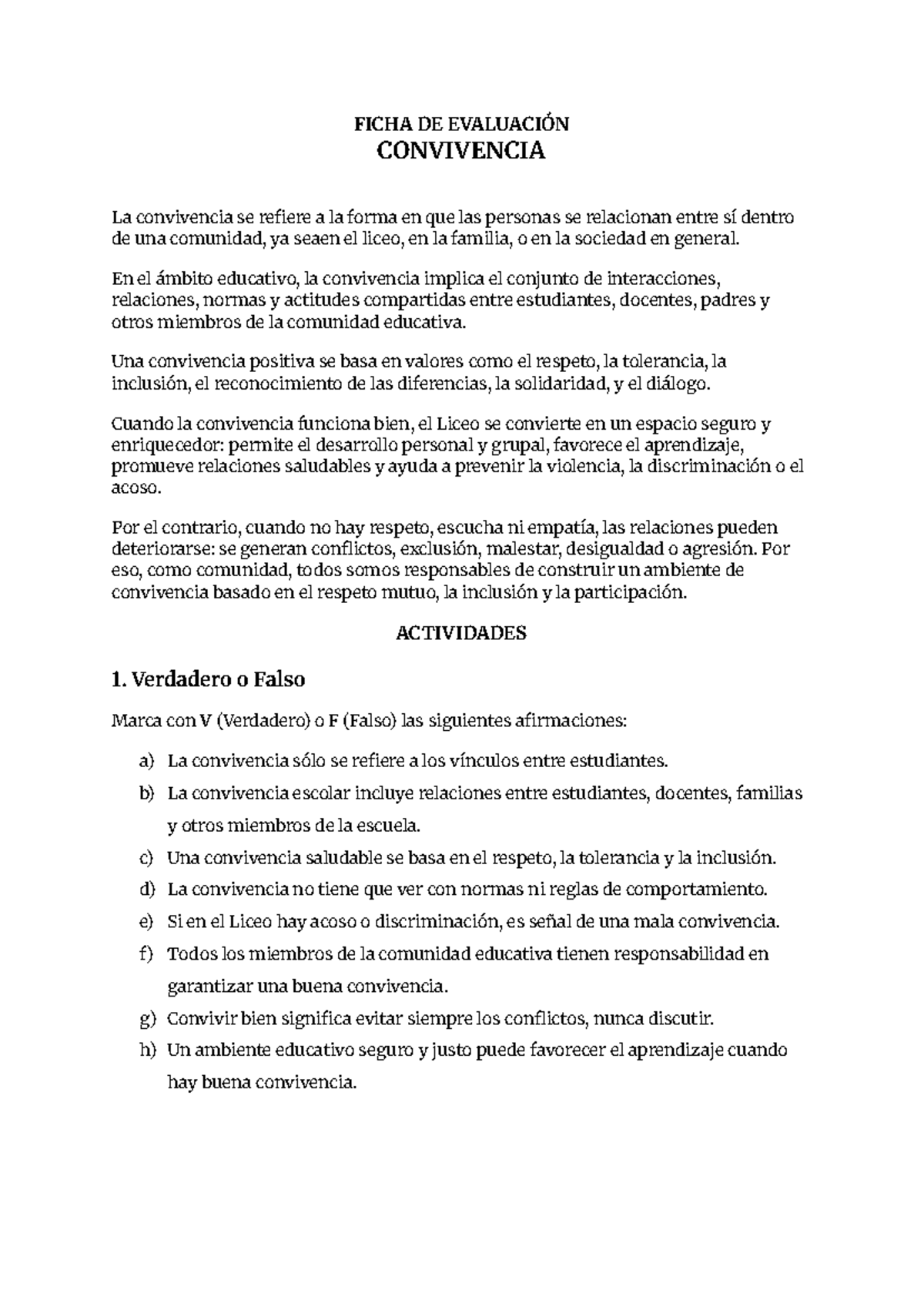 Convivencia Escolar: Evaluación de Normas y Valores en el Liceo - Studocu