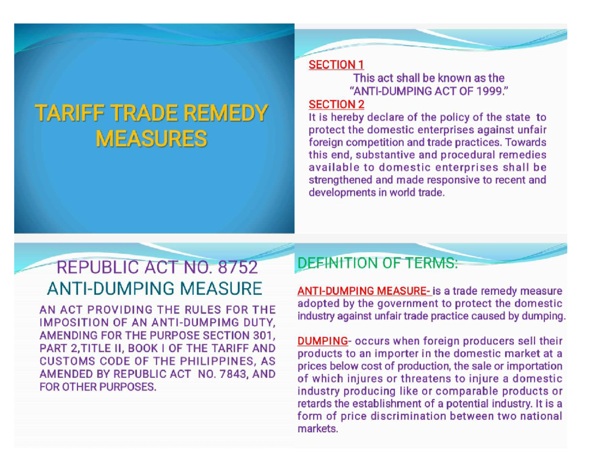 Anti-Dumping Measures: Tariff Code TM416 and Trade Remedies - Studocu