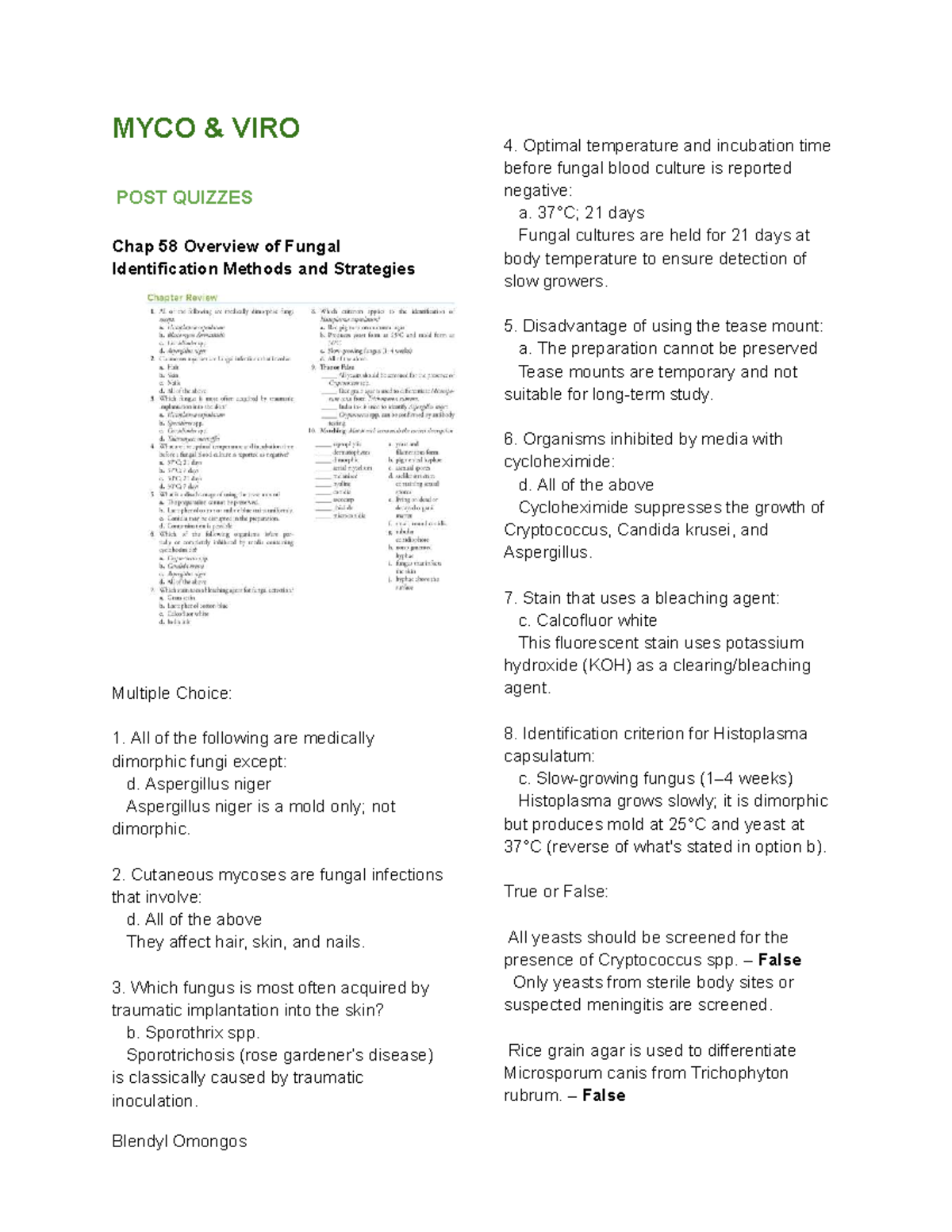MYCO & VIRO Omongos - Post questions - MYCO & VIRO POST QUIZZES Chap 58 ...