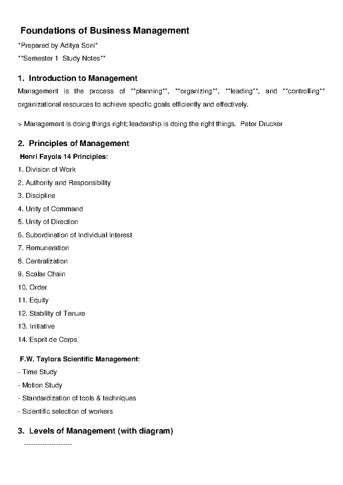 Foundations of Business Management - Study Notes (Sem 1) - Studocu