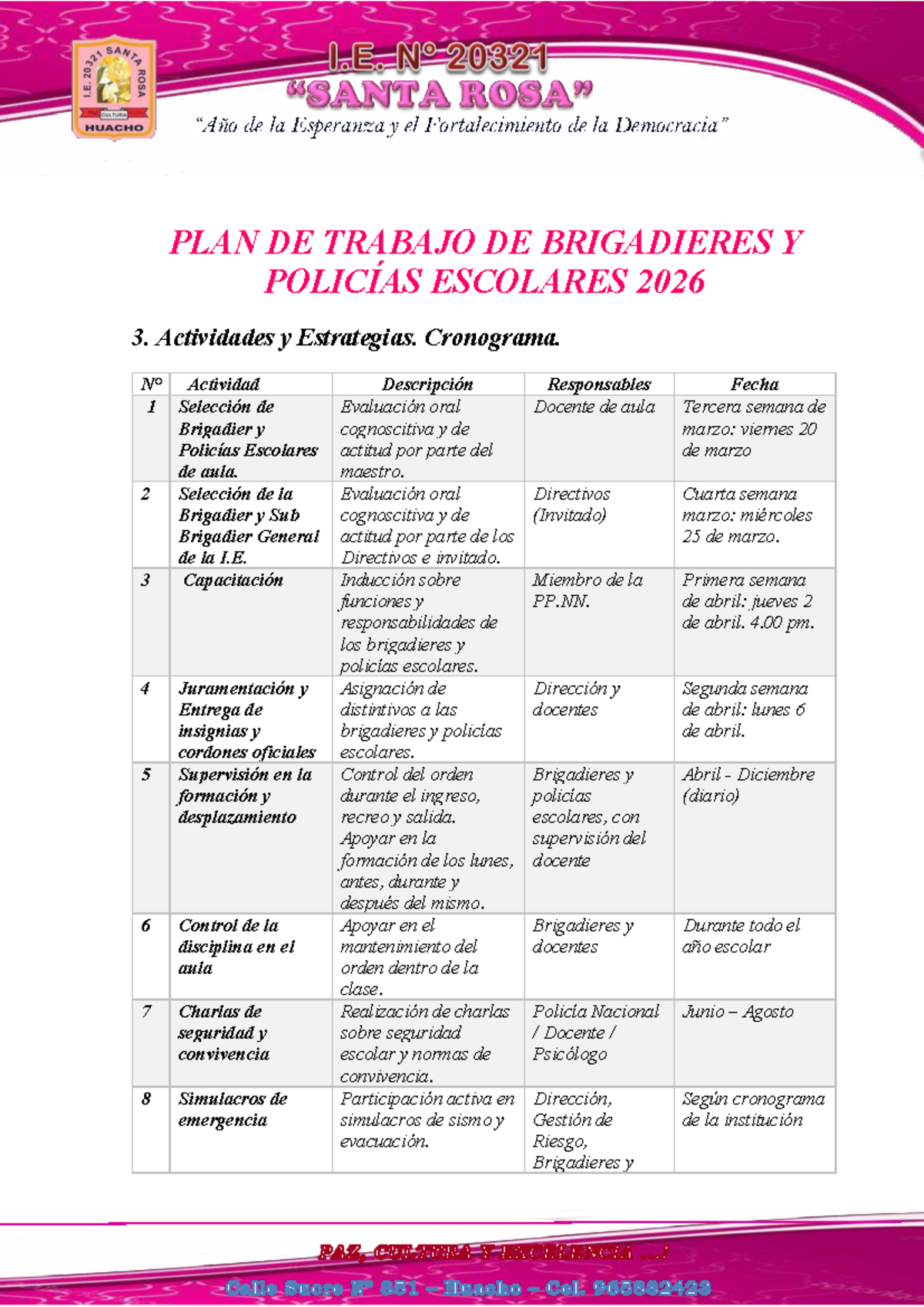 Plan de Trabajo Brigadieres y Policías Escolares 2026: Cronograma y Actividades - Document Preview
