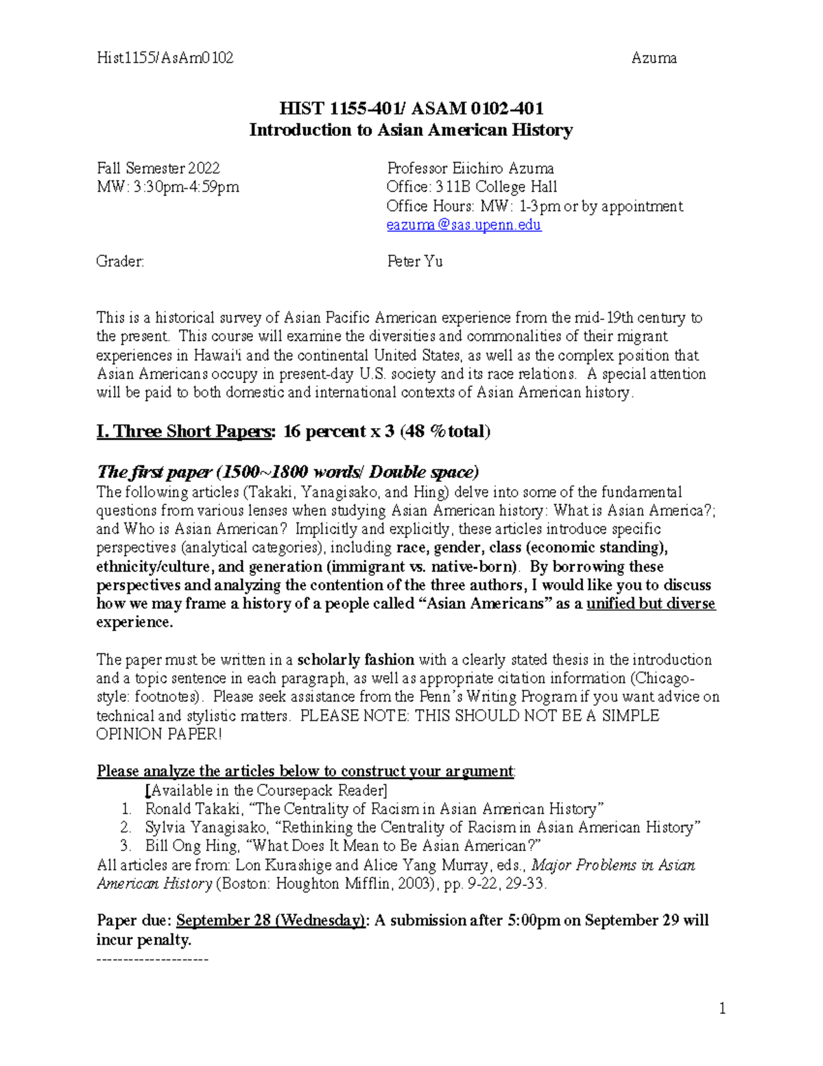 HIST 1155: Introduction to Asian American History - Fall 2022 Overview ...