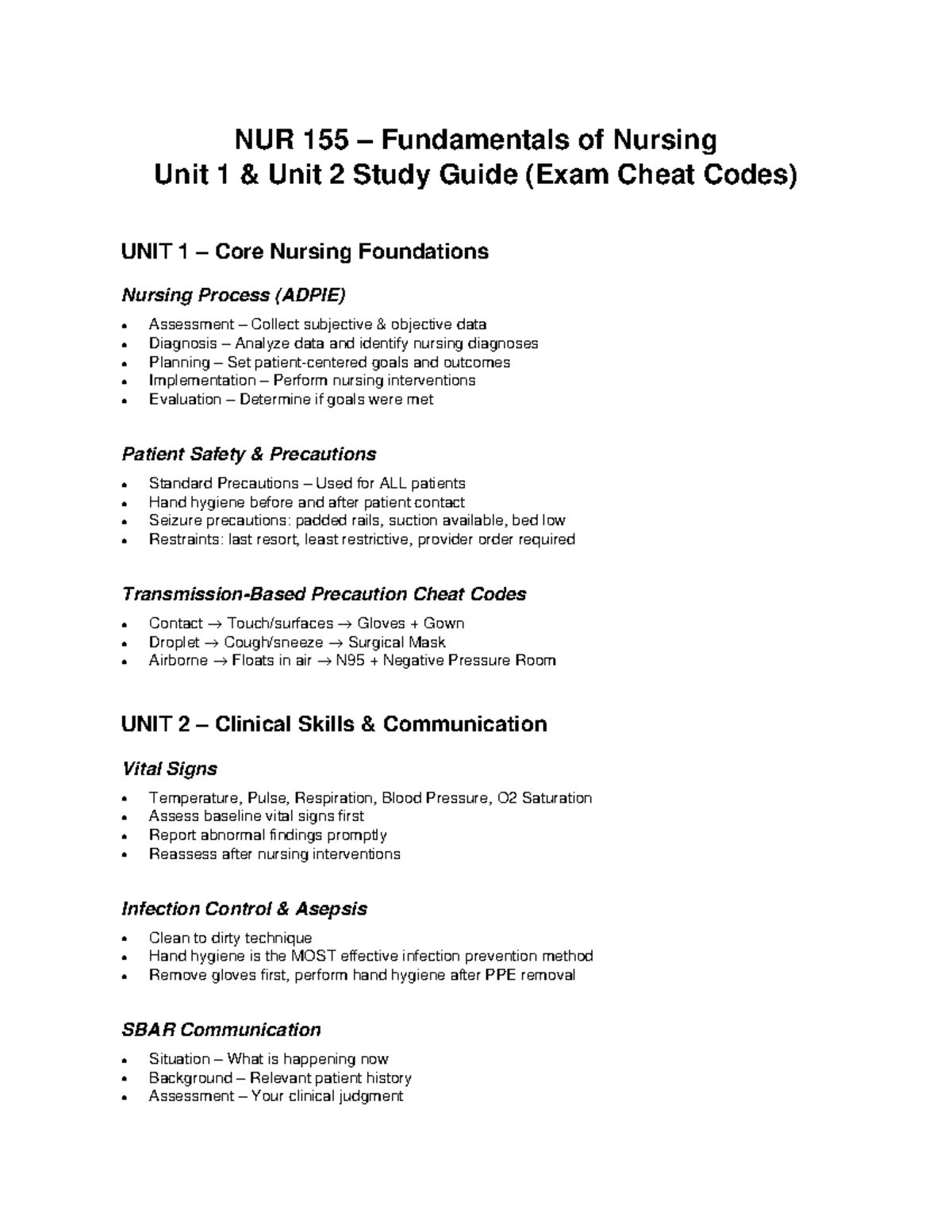 NUR 155 Fundamentals of Nursing Unit 1 & 2 Study Guide - Studocu