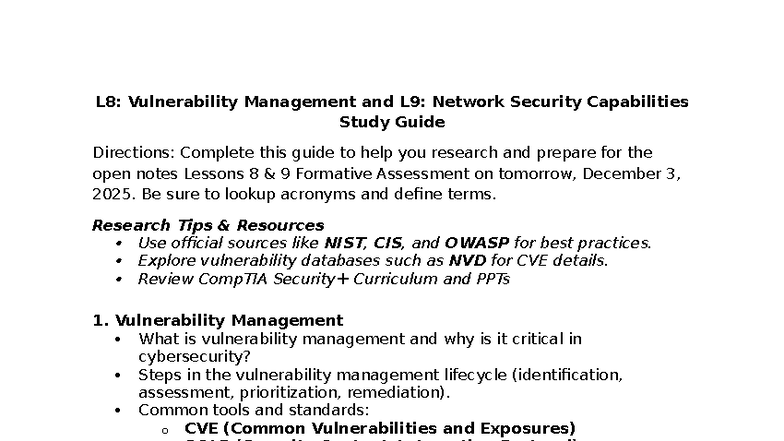 L8 & L9: Vulnerability Management & Network Security Study Guide - Studocu