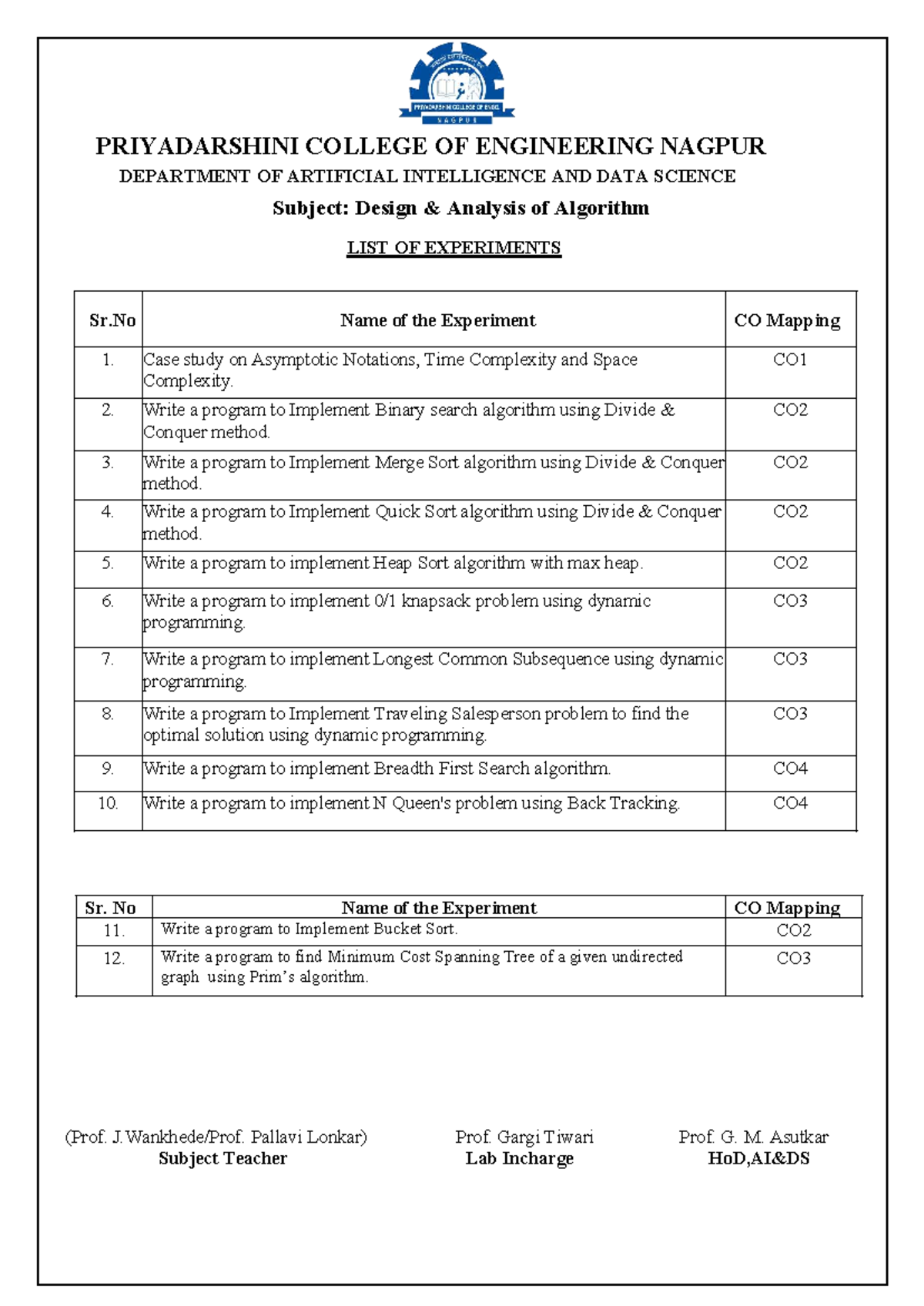 DAA Manual Final - Experiment List and Analysis (AI & DS) - Studocu