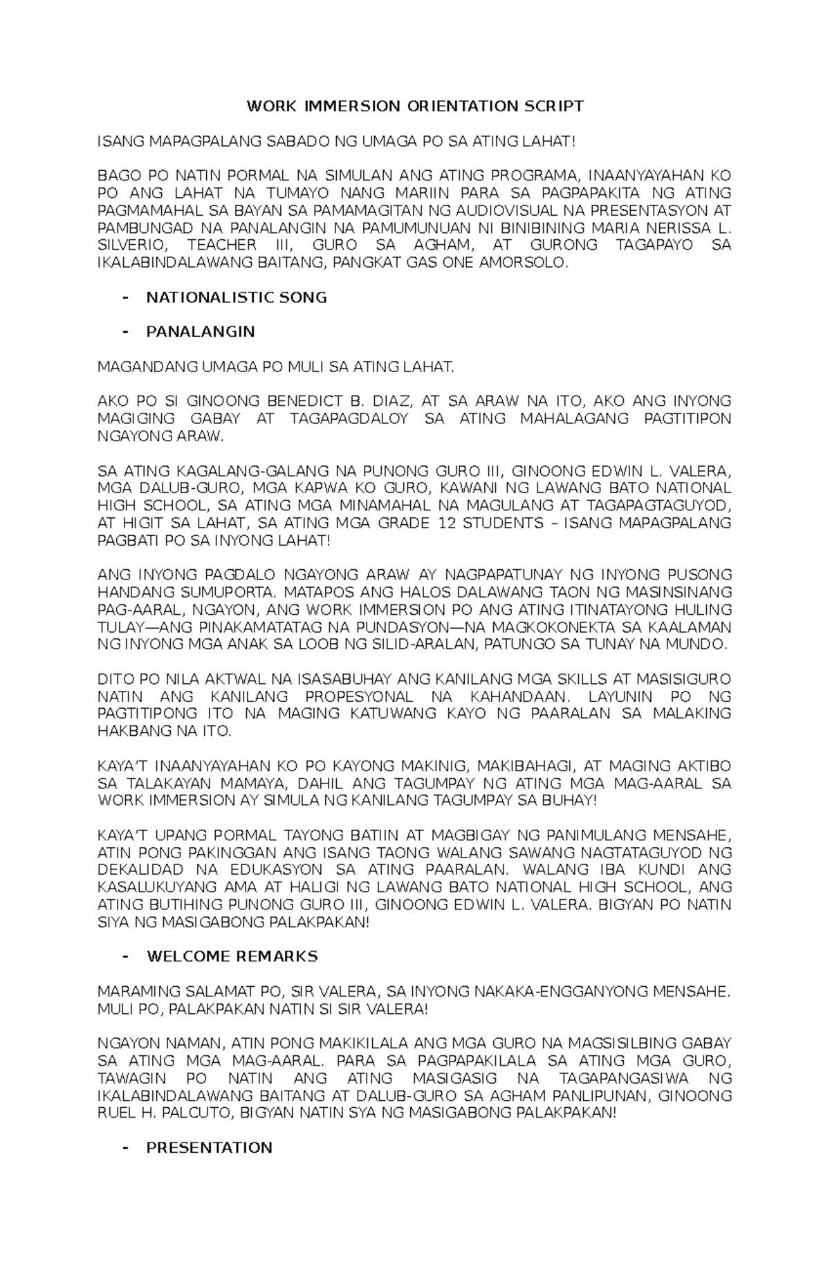 WORK IMMERSION ORIENTATION SCRIPT: PAGSASANAY AT PAGHAHANDA - Studocu