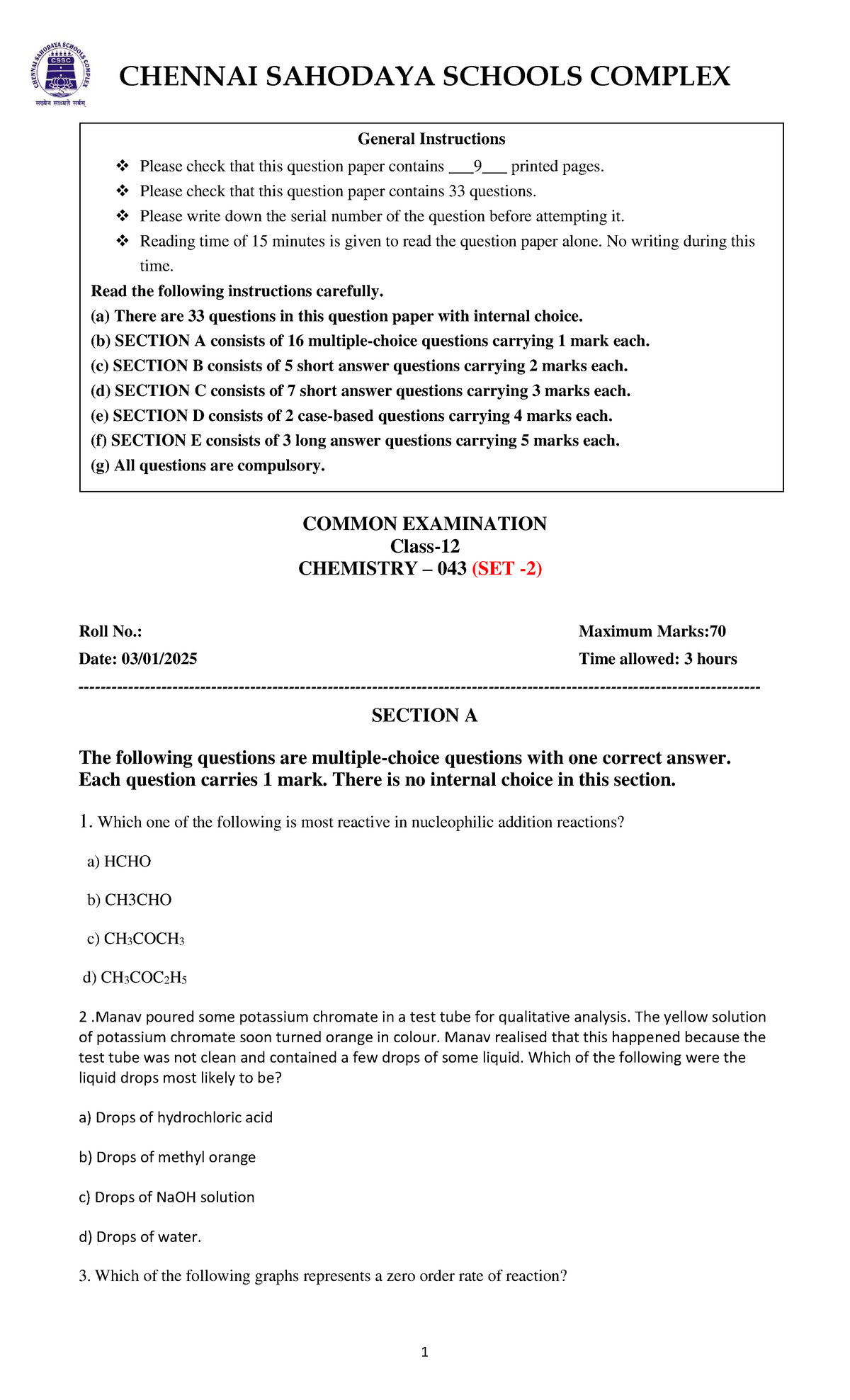 QP - CSSC - CHEM - SET 2 - General Instructions for Exam - Studocu