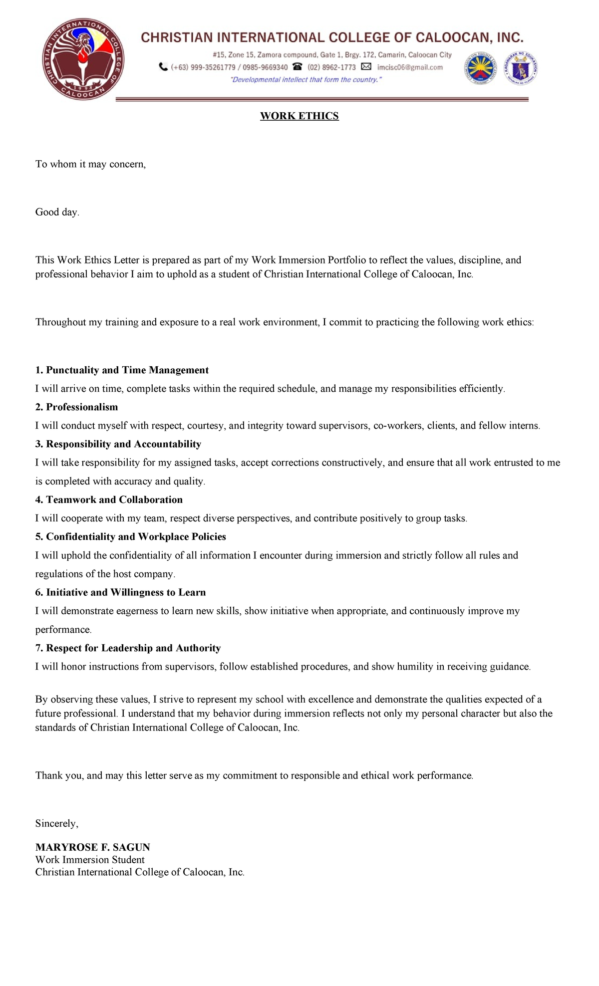 WORK ETHICS Reflection for Work Immersion Portfolio - Studocu
