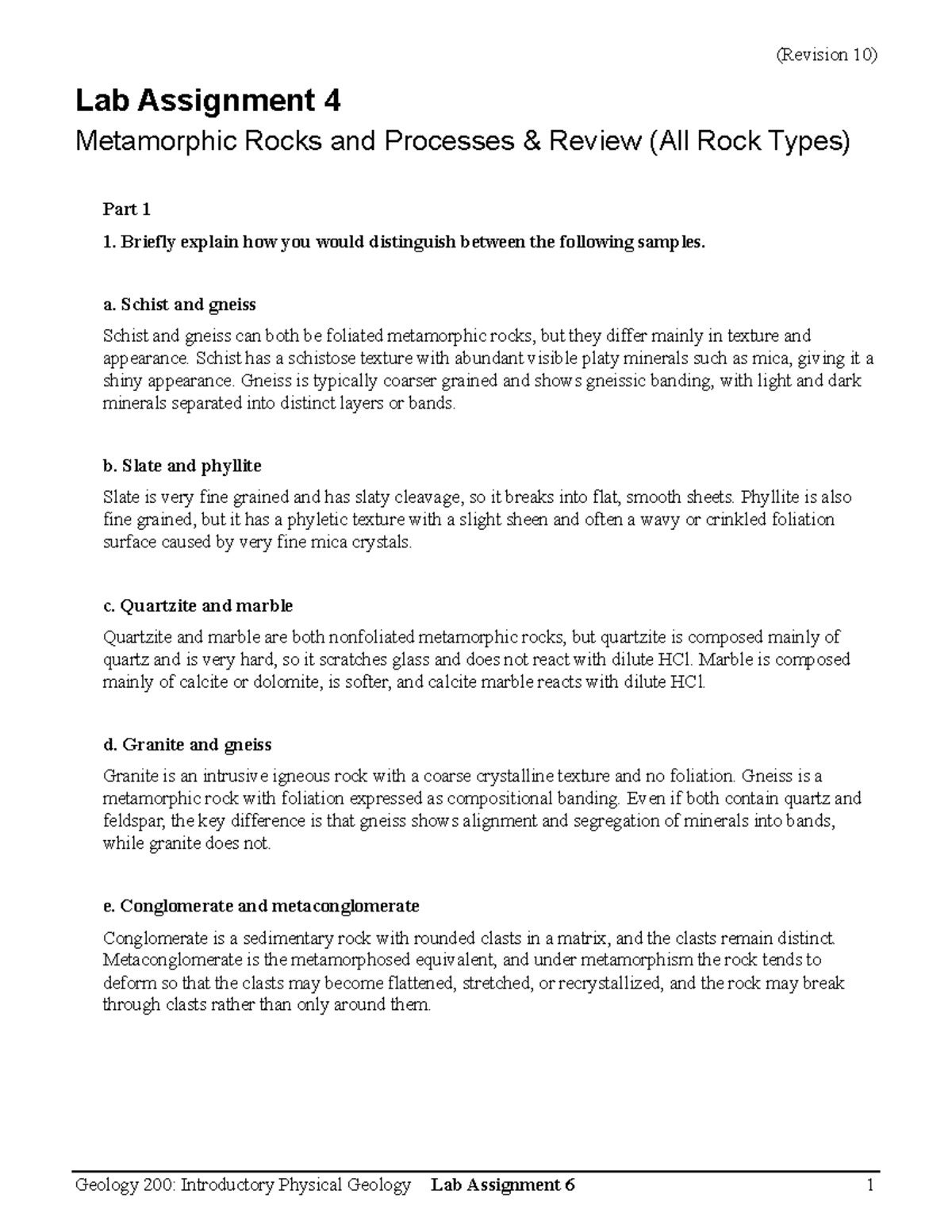Geology 200: Lab Assignment 4 - Metamorphic Rocks & Processes Review ...