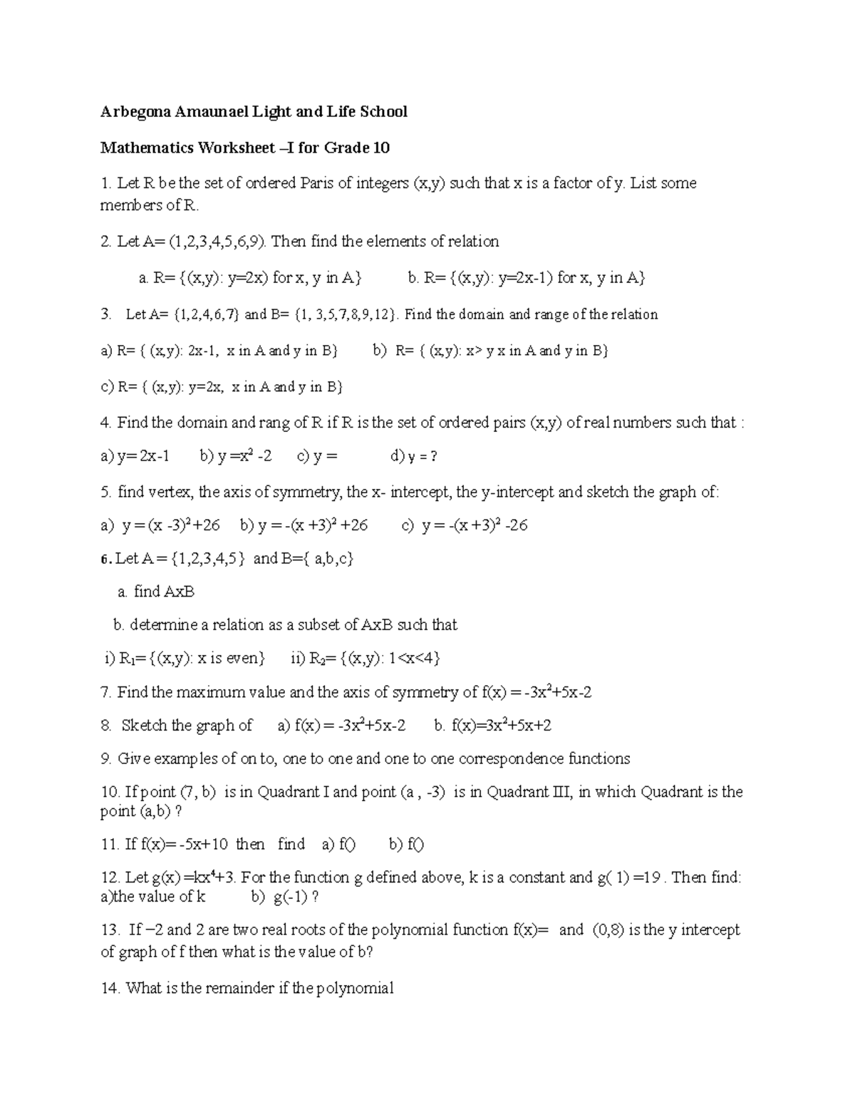 Functions Maths Grade 10