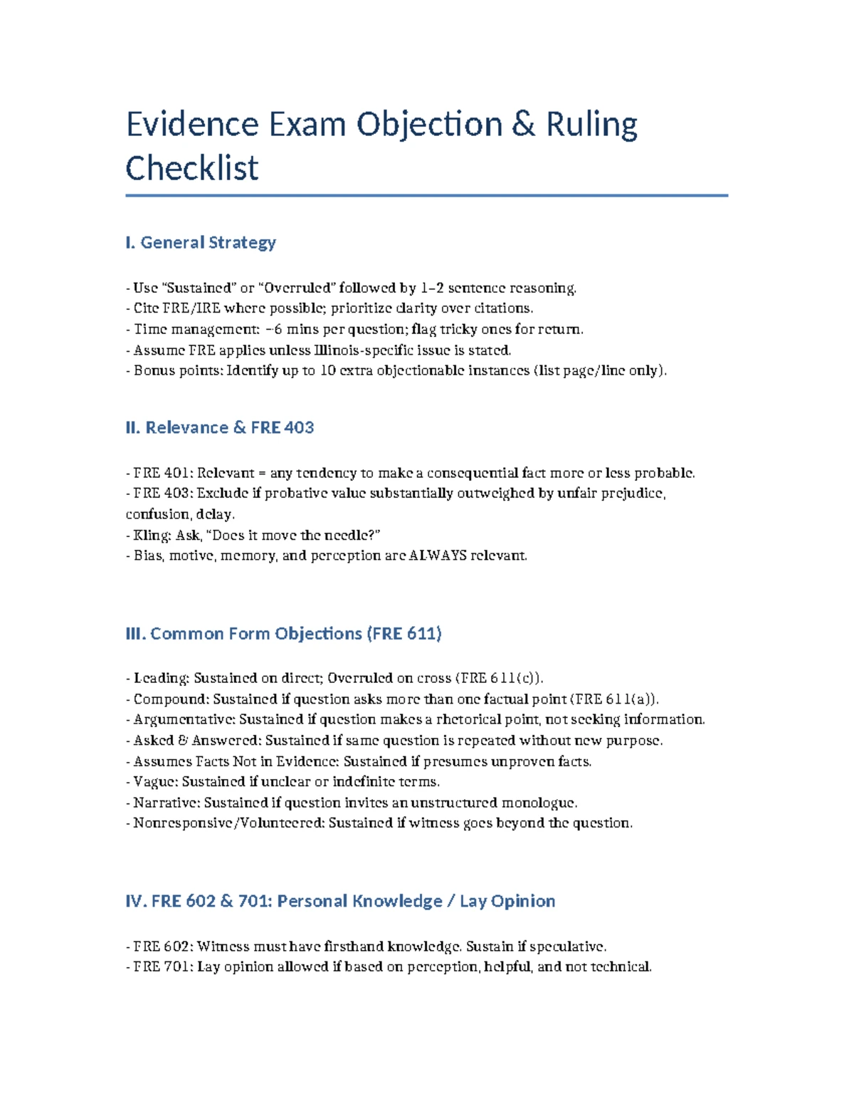Evidence Outline Notes for Law 123 - Fall 2024 - Studocu
