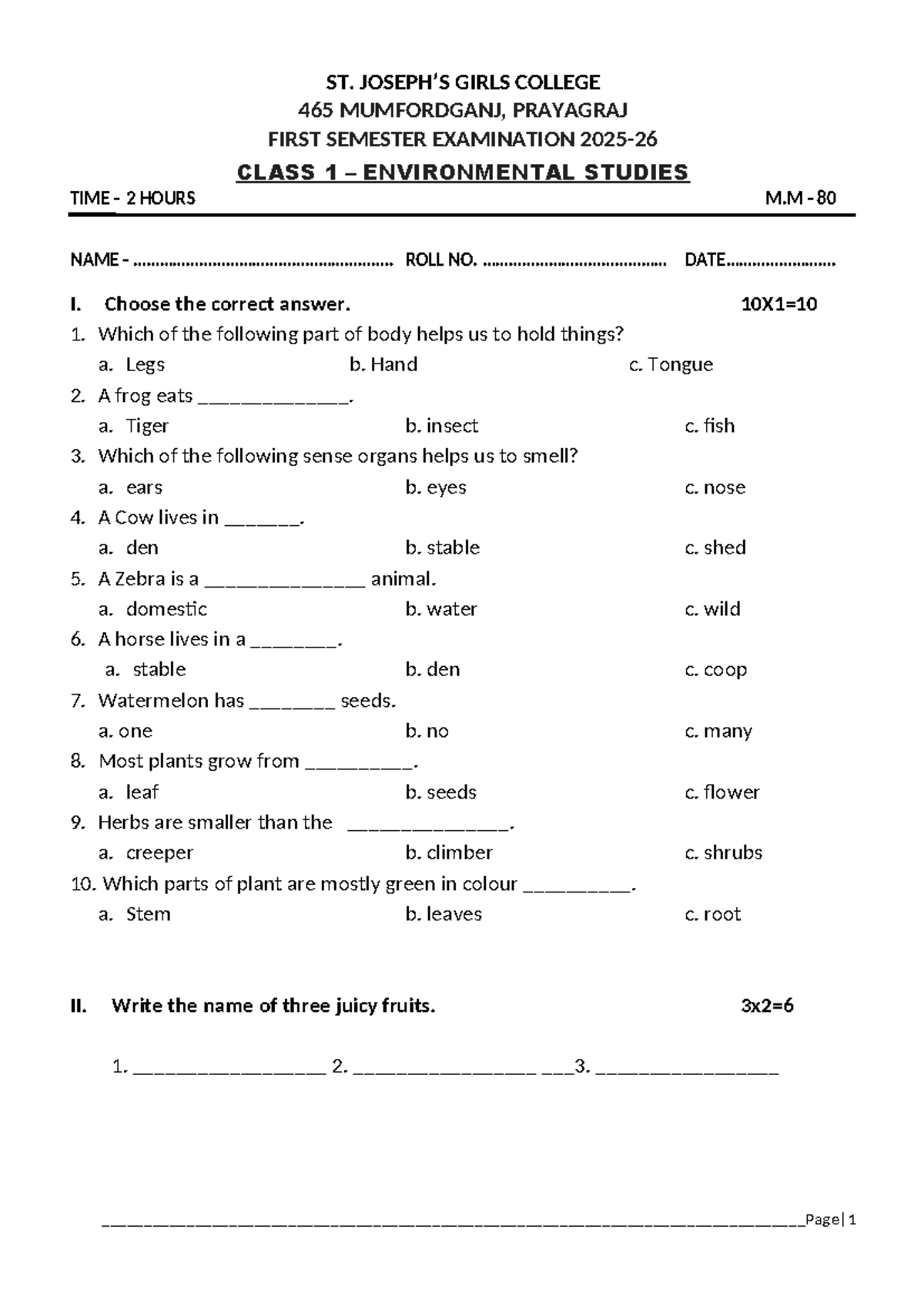 H.Y 2025 EVS Class 1 - First Semester Exam Question Paper - Studocu