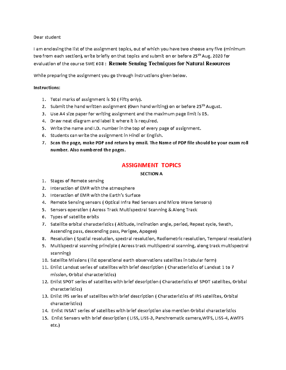 SWE 608: Remote Sensing Techniques Assignment Topic List - Studocu