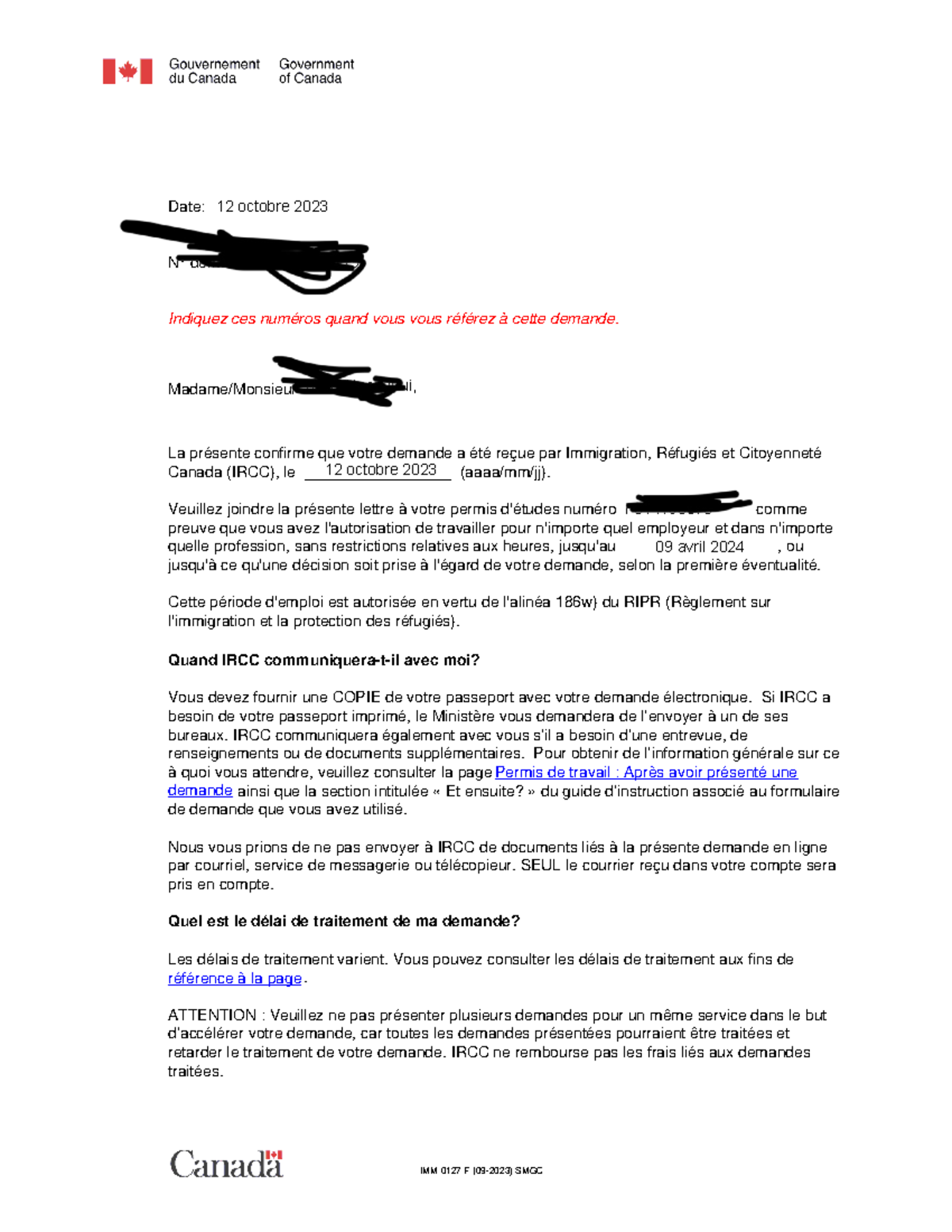 IMM0127 Confirmation de réception de demande - IRCC 2023 - Studocu