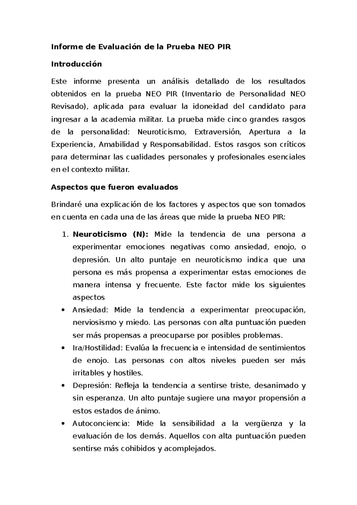 ABC NEO - Breve descripción del test Neo_Pir - Informe de Evaluación de ...