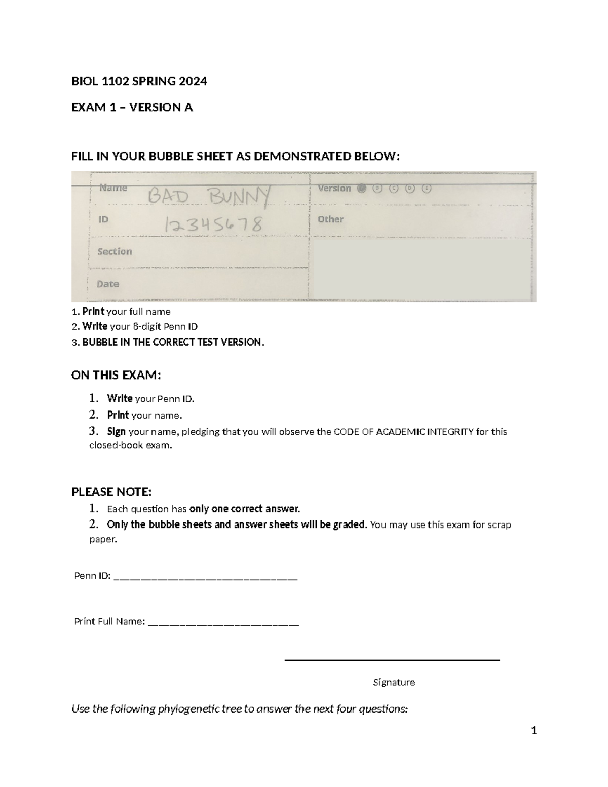 MT 1 Practice Test - PTest - BIOL 1102 SPRING 2024 EXAM 1 – VERSION A ...