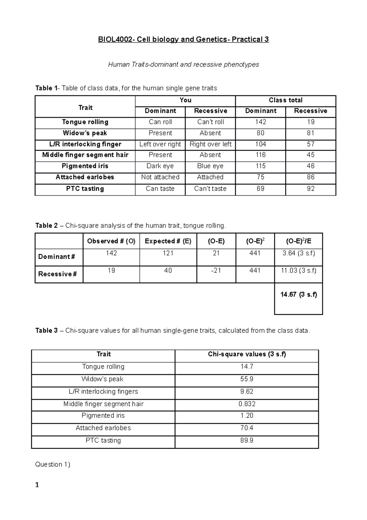 BIOL4002 - Cell Biology & Genetics: Practical 3 Data Analysis - Studocu