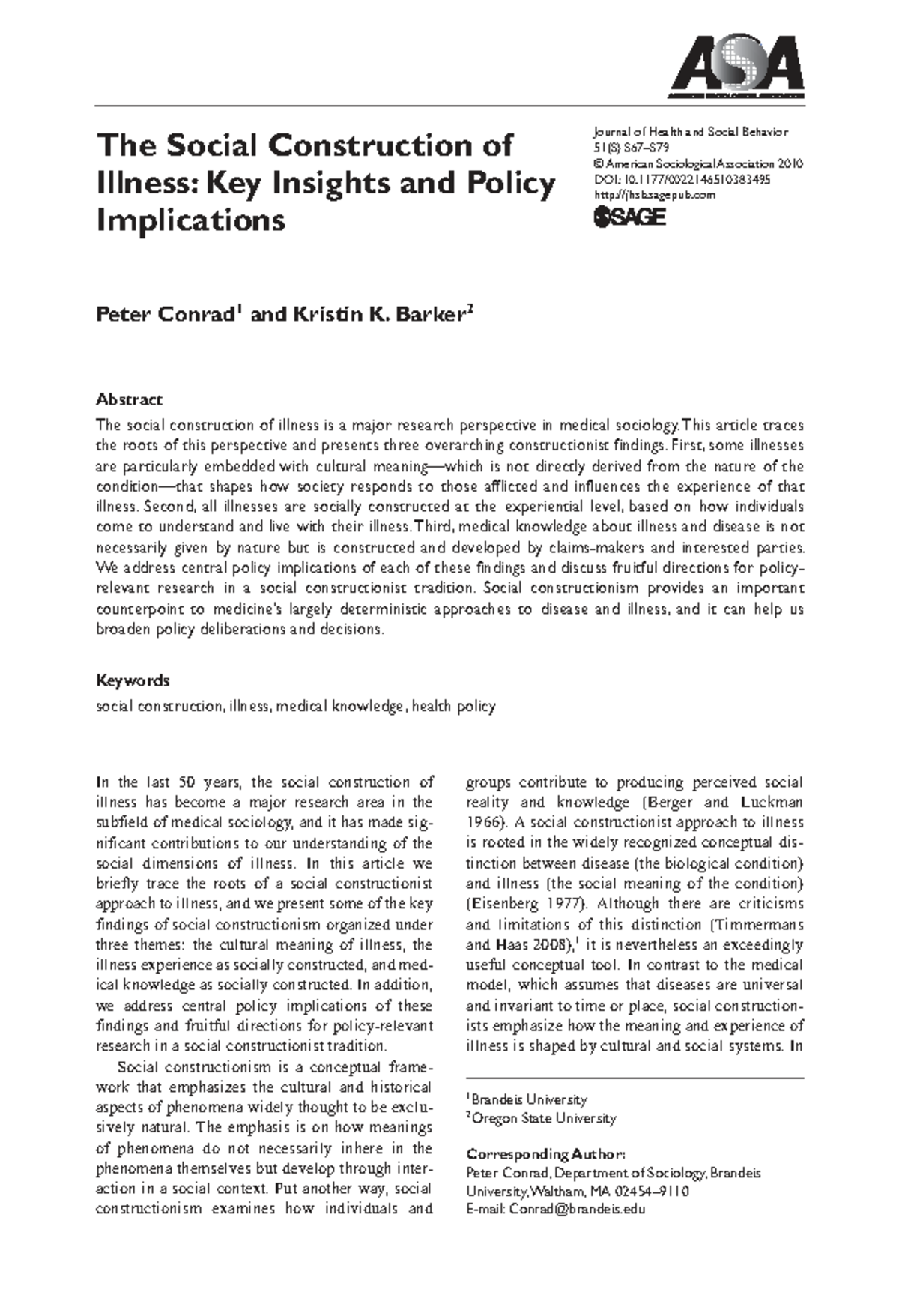 The Social Construction of Illness: Key Insights and Policy ...