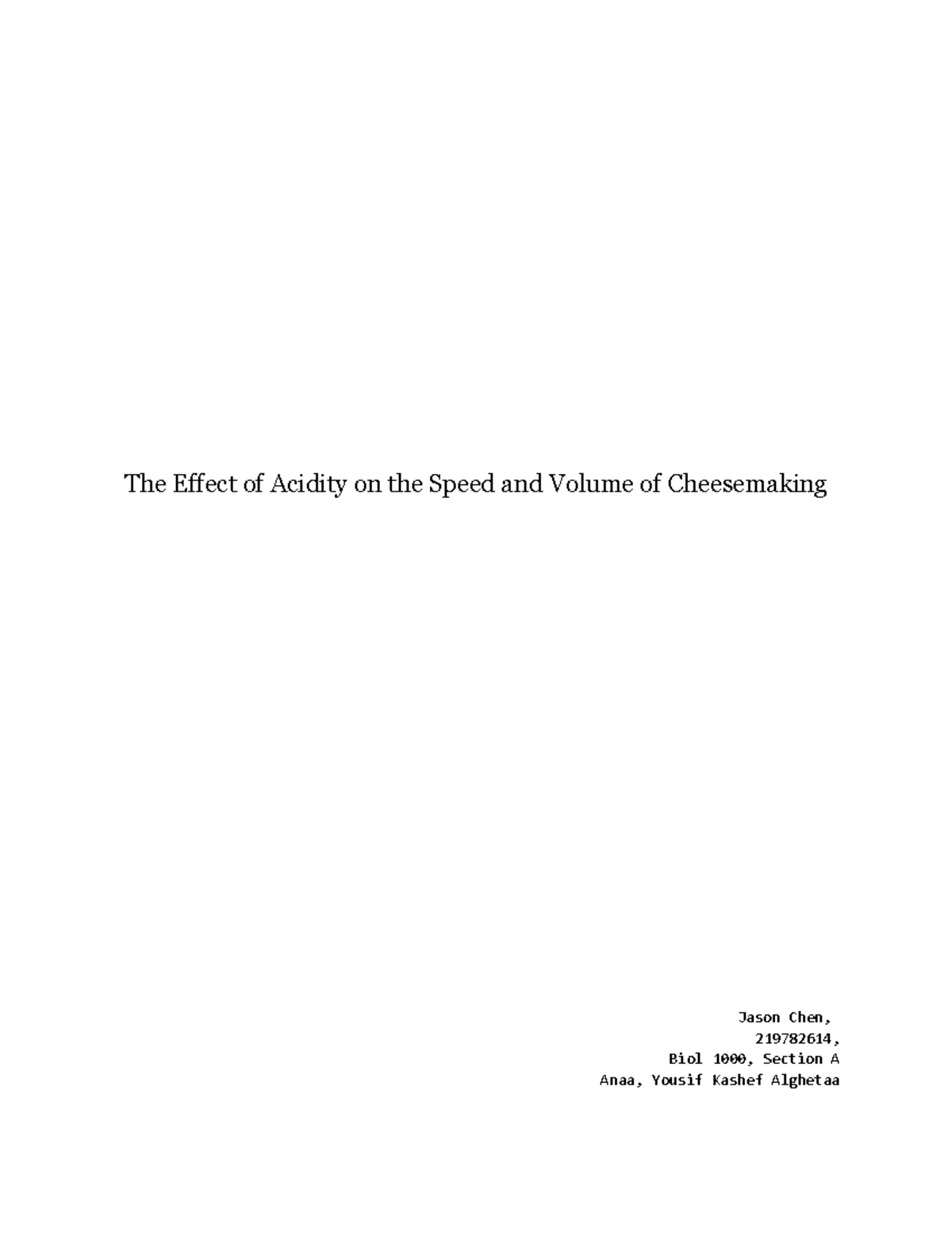 BIOL 1000 Lab 2: The Effect of Acidity on Cheesemaking Efficiency - Document Preview