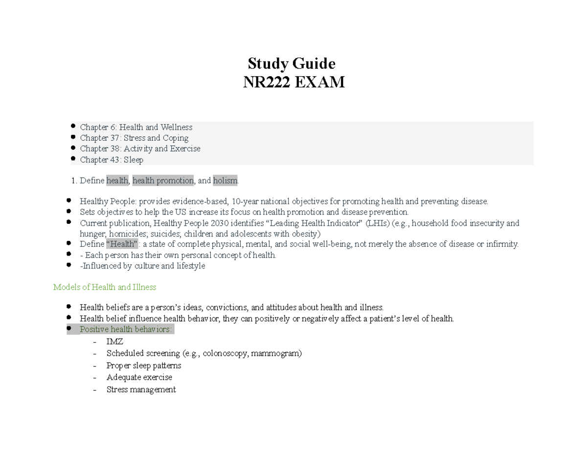 NR 222 Final Exam Study Guide: Health, Wellness, and Holistic Models ...