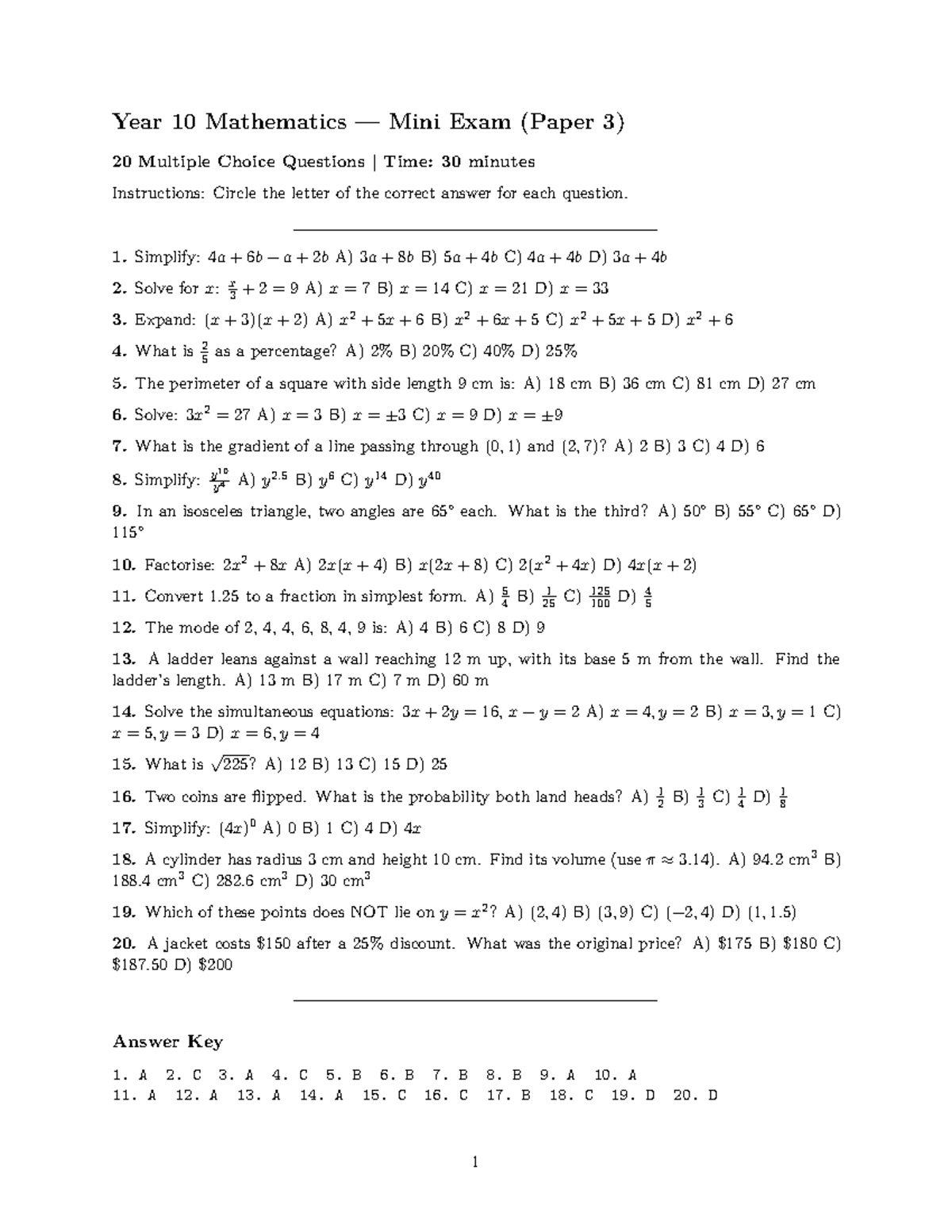 Year 10 Mathematics Mini Exam Paper 3: 20 MCQs - Studocu