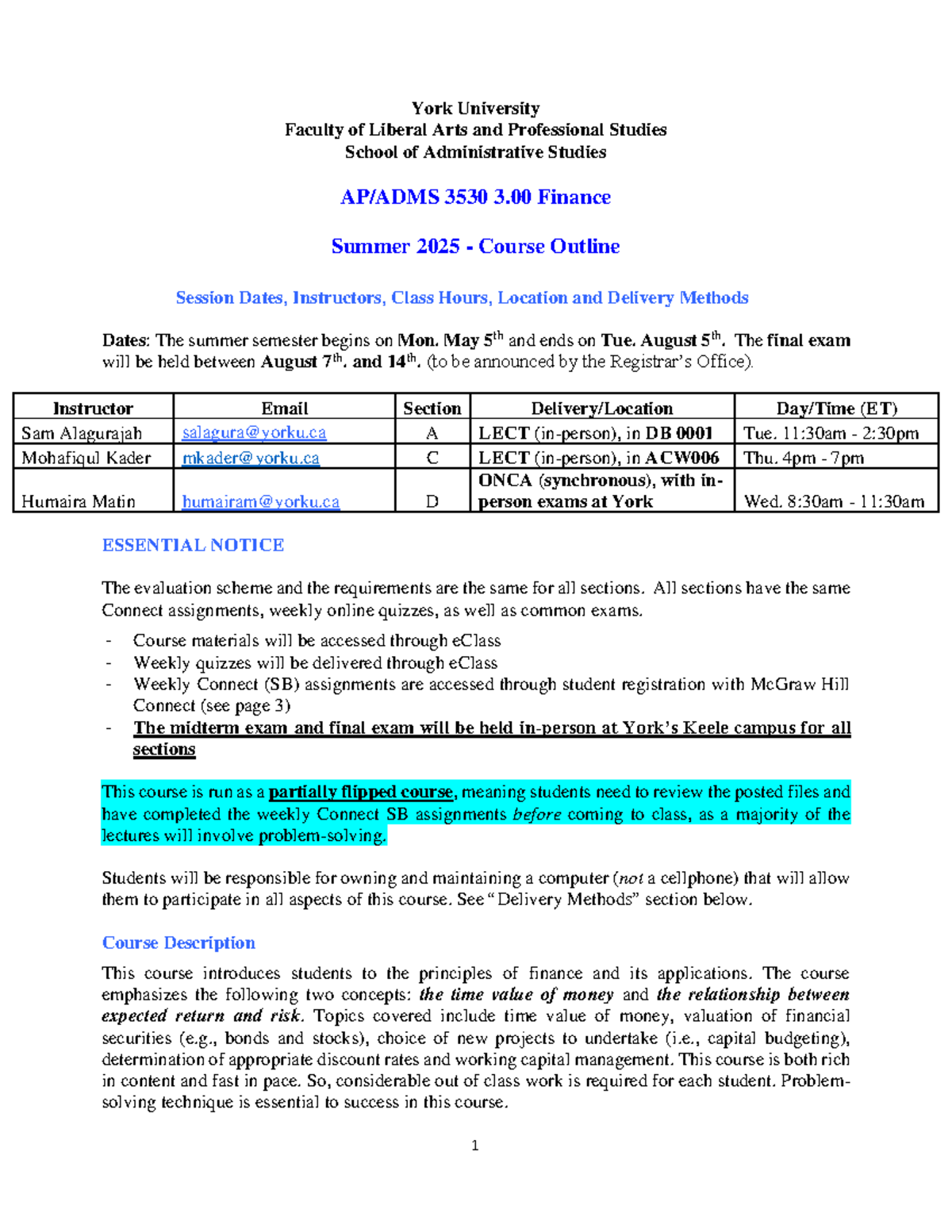 ADMS 3530 Summer 2025 Finance Course Outline and Exam Details - Studocu