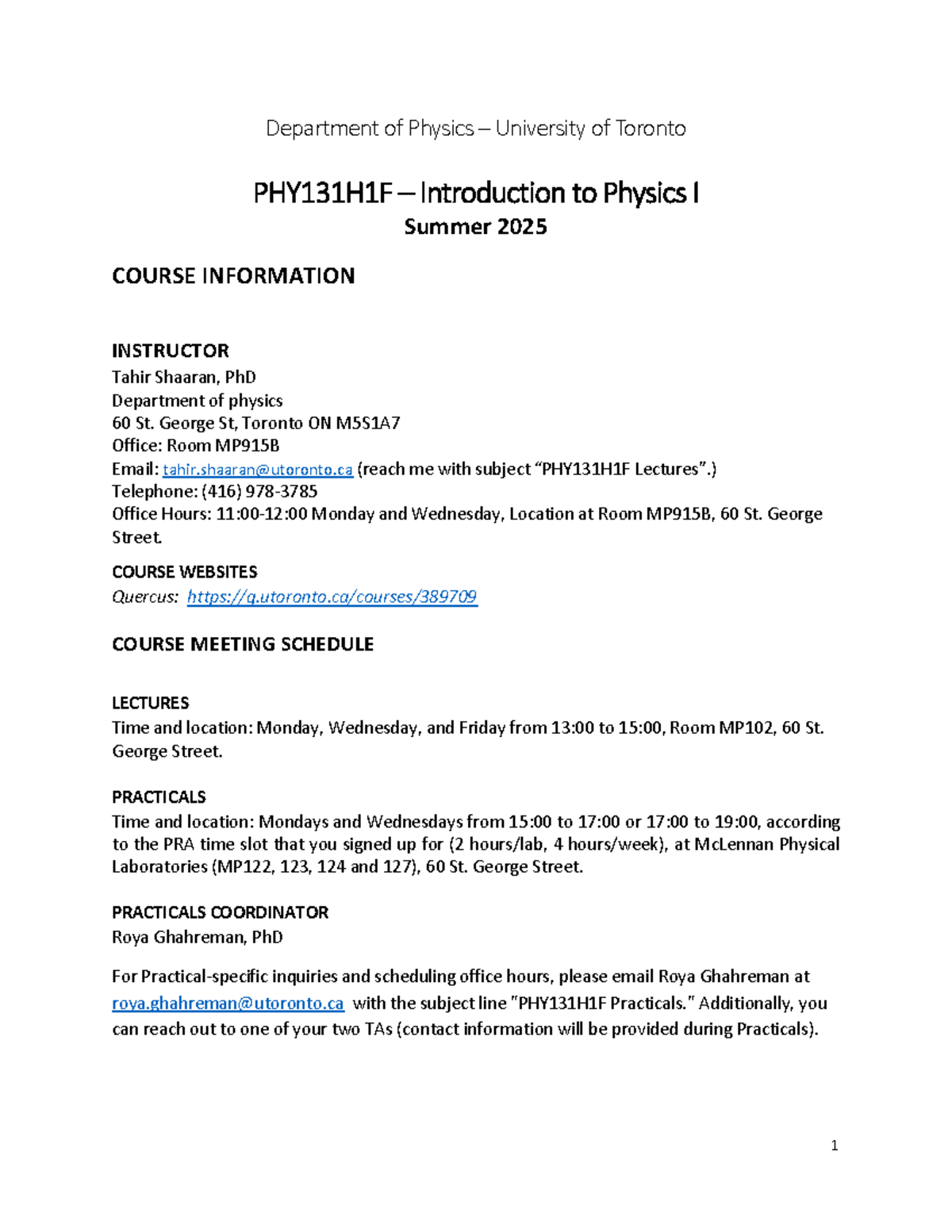 PHY131H1F: Introduction to Physics I Syllabus - Summer 2025 - Studocu