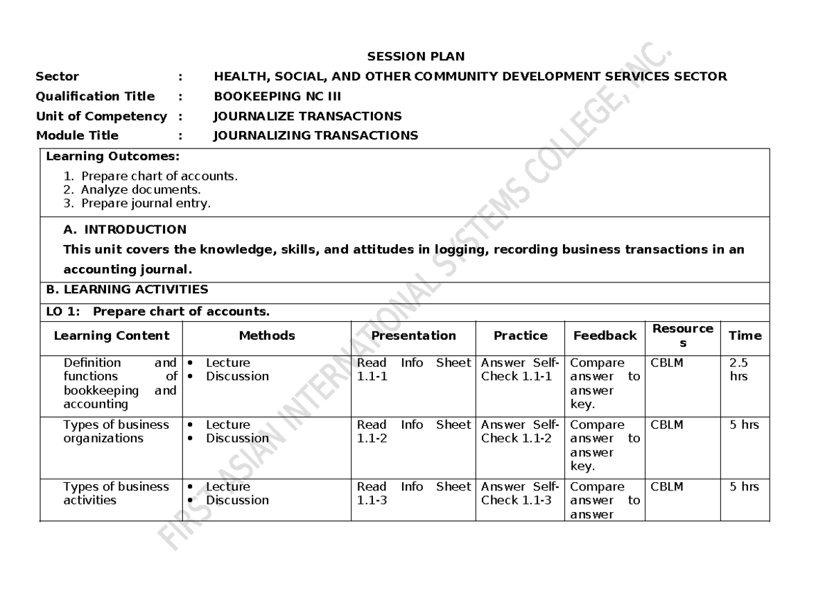 BKP- Session Plan: Bookkeeping NC - Journalizing, Posting, & Trial ...