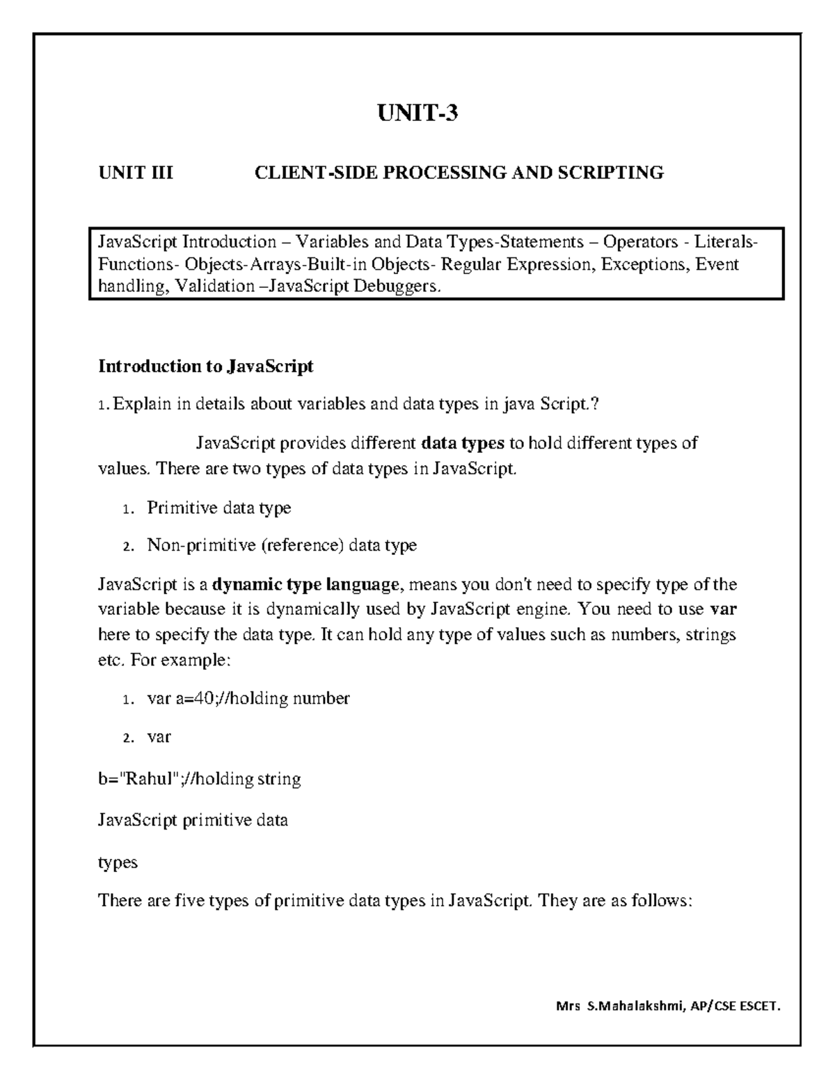 UNIT 3 WE Notes: JavaScript Variables, Data Types & Operators - Studocu