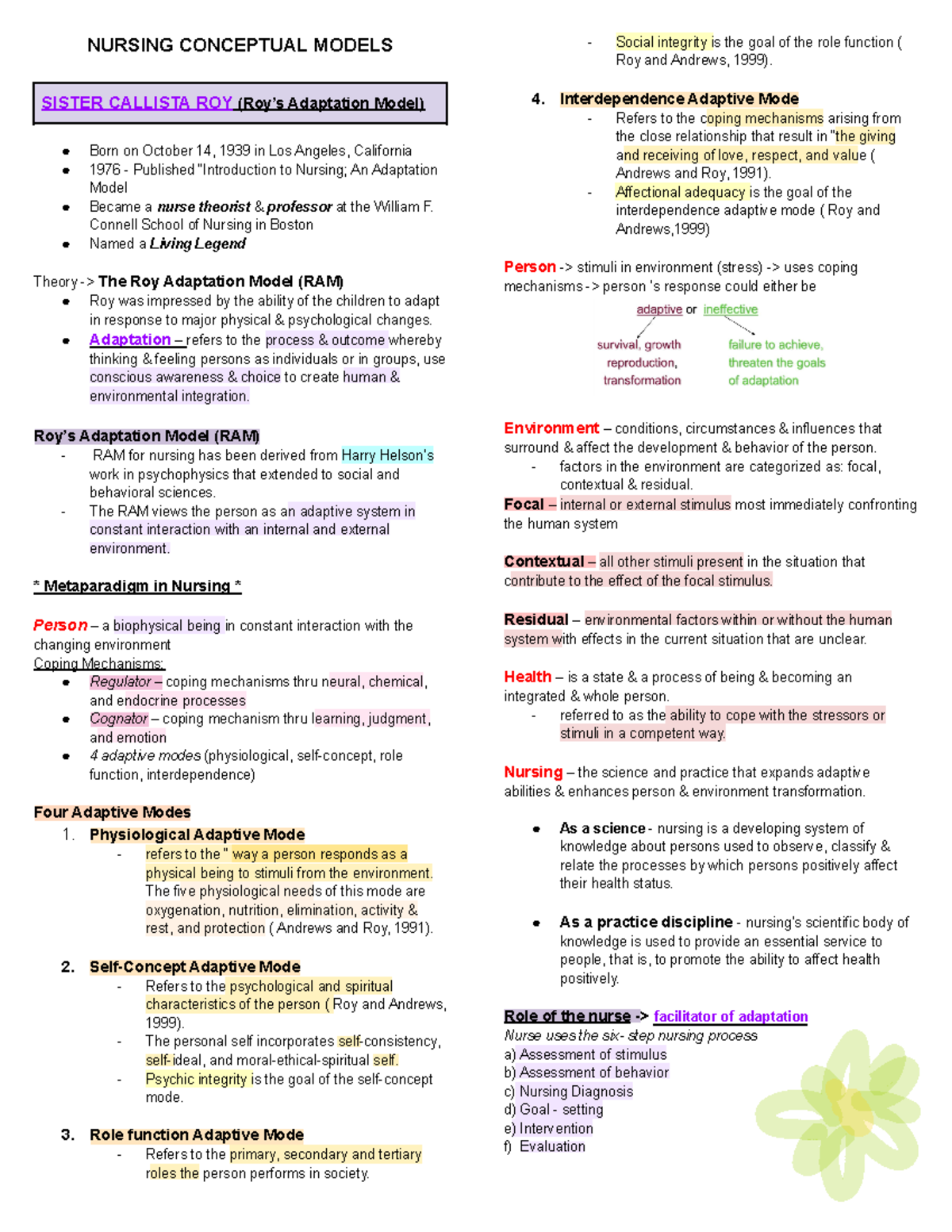 End-Term-TFN - tfn - NURSING CONCEPTUAL MODELS SISTER CALLISTA ROY (Roy ...
