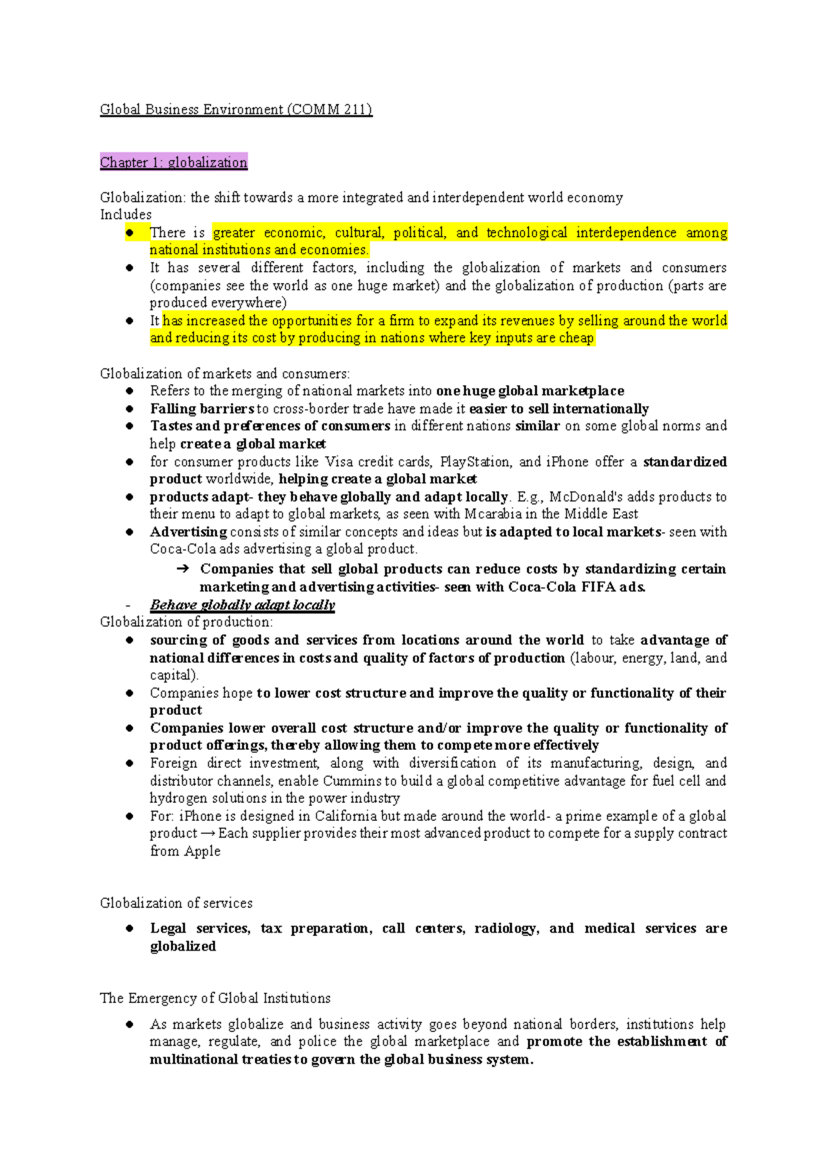 COMM 211 - Quiz 1 Chapter 1 Notes on Globalization - Studocu