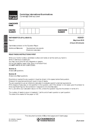 Cambridge O Level 4024/12 Mathematics (Syllabus D) 2022 Paper 1 Exam ...