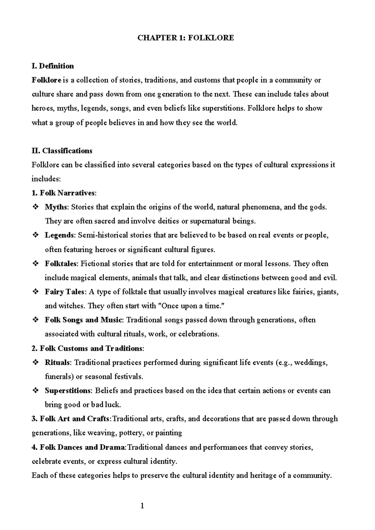 CHAPTER 1: FOLKLORE - Definitions and Classifications - Studocu