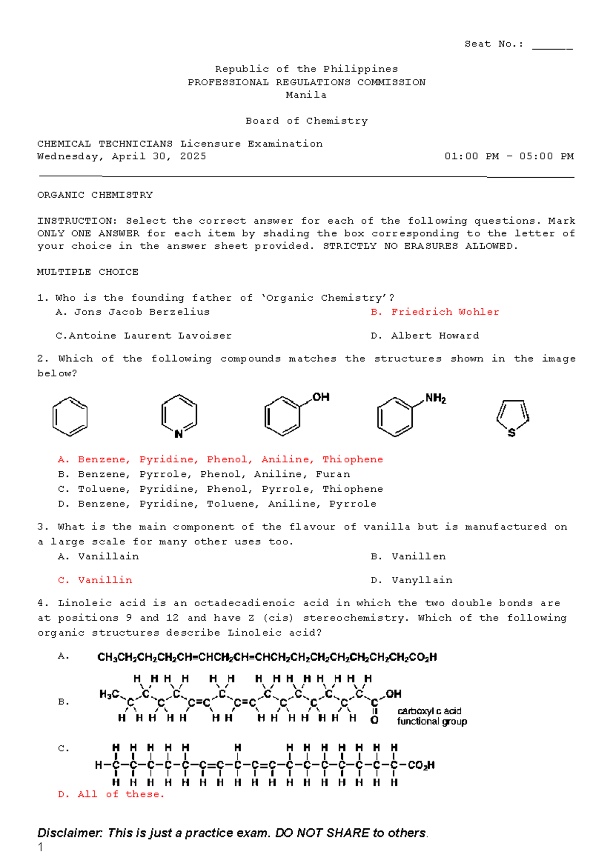 Organic Chemistry Practice Exam 2 (CHEMICAL TECHNICIANS Licensure Exam ...