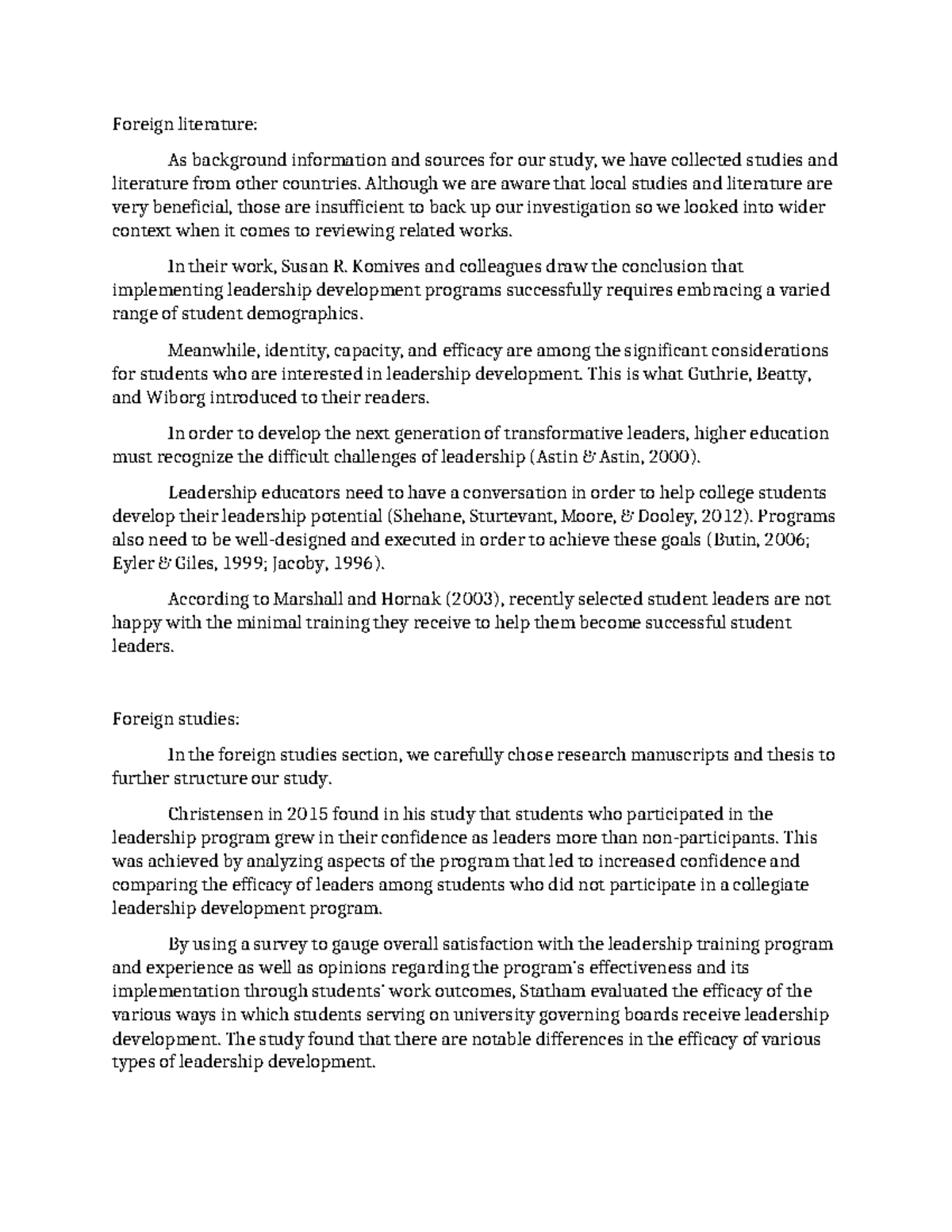 Foreign Literature Review on Leadership Development Strategies - Studocu