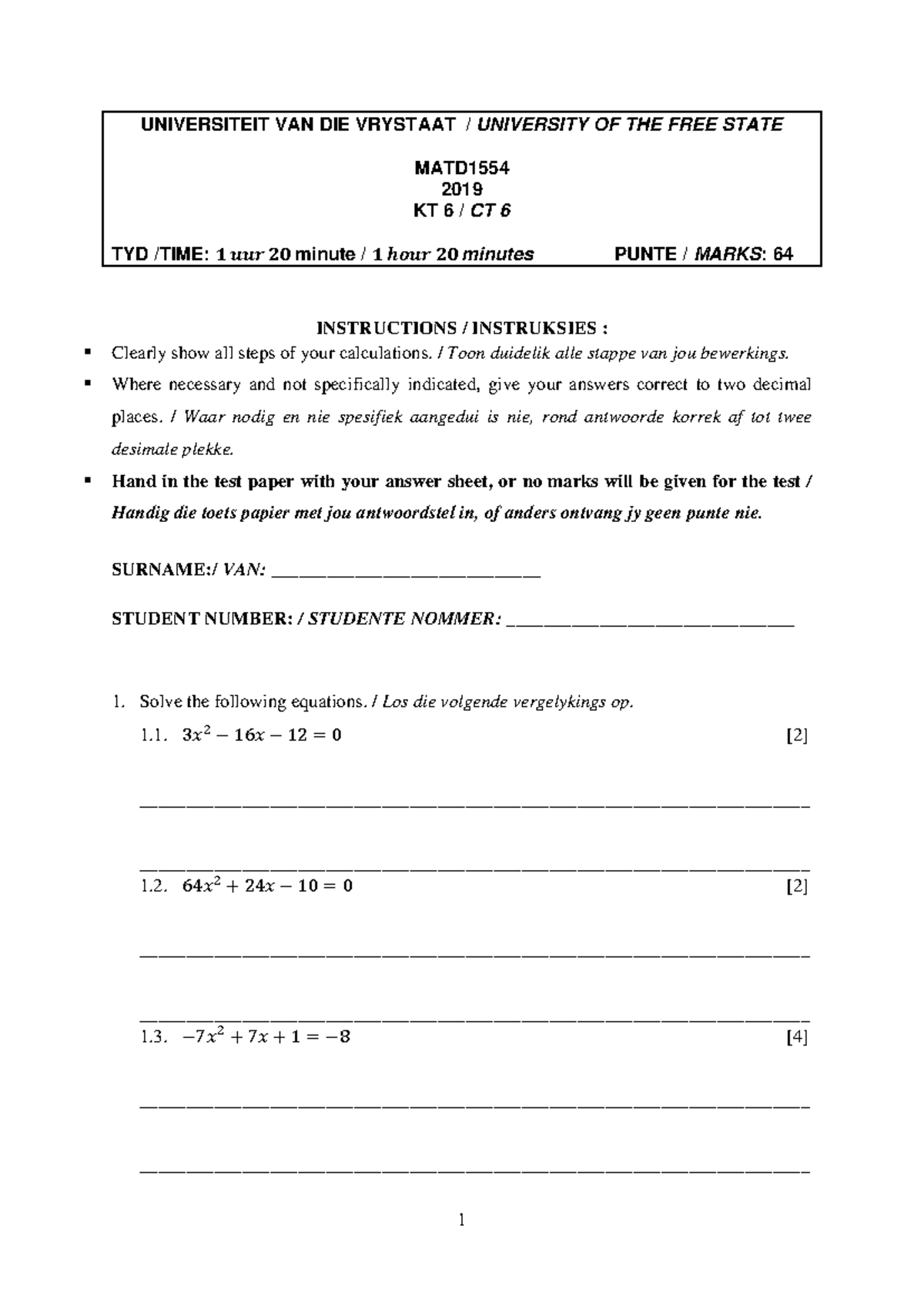 CT6 MATD1554 2019 Test Paper: Equations and Functions - Studocu