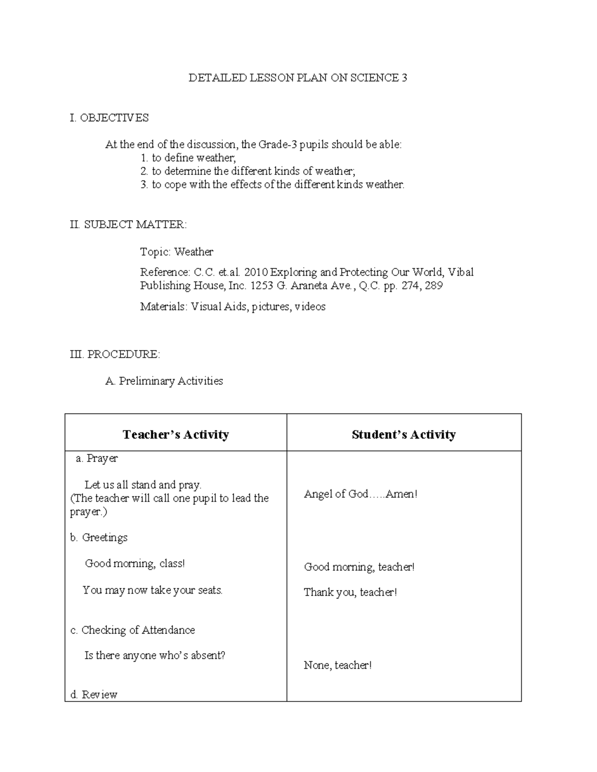 Detailed Lesson Plan: Weather for Science 3 Class - Studocu