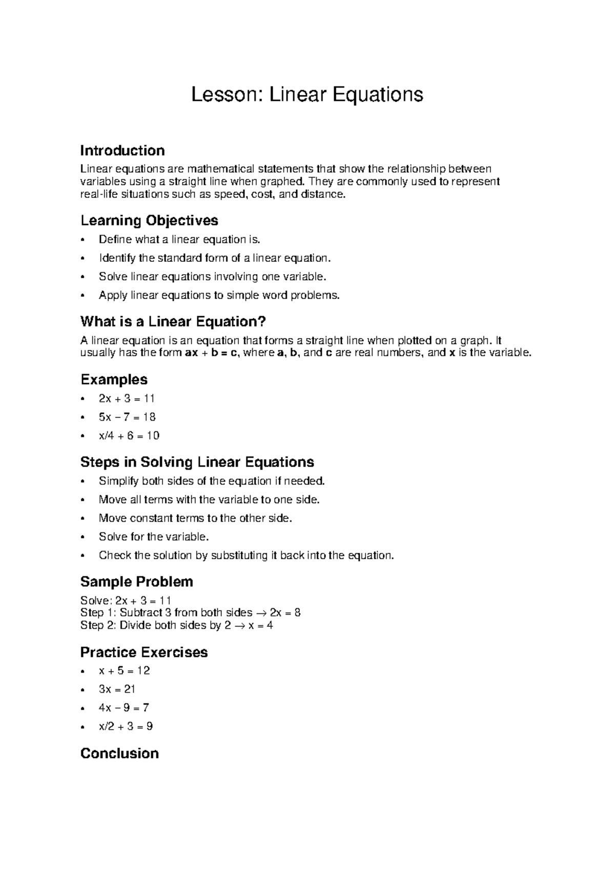 Lesson: Introduction to Linear Equations and Their Applications - Studocu