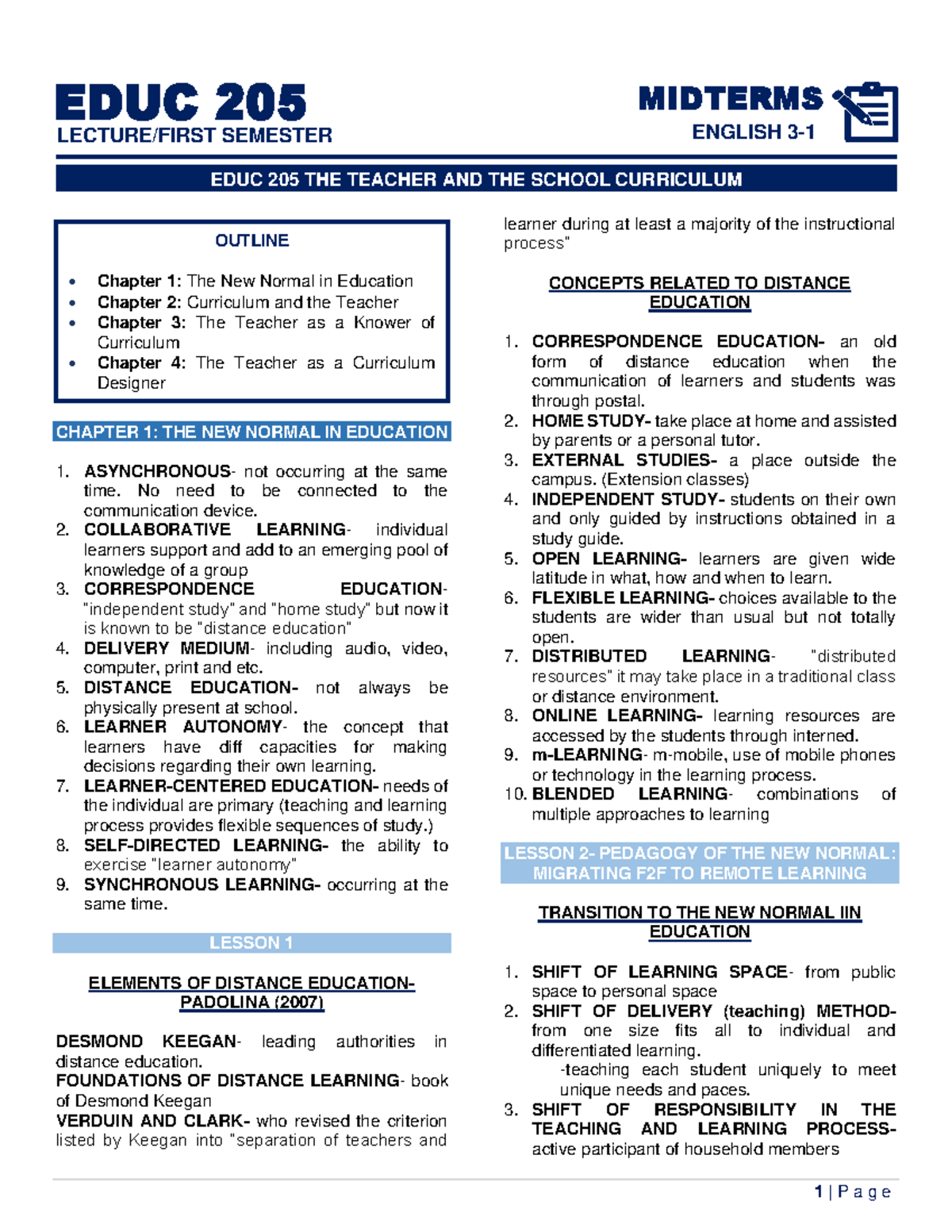 EDUC 205 Midterm Examination Reviewer - CHAPTER 1: THE NEW NORMAL IN ...