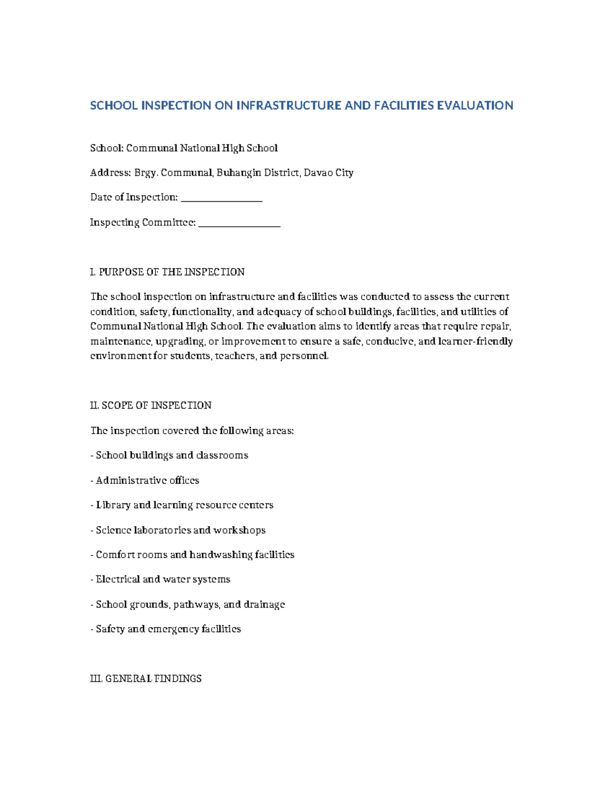 School Infrastructure & Facilities Evaluation - CNHS Inspection Report ...