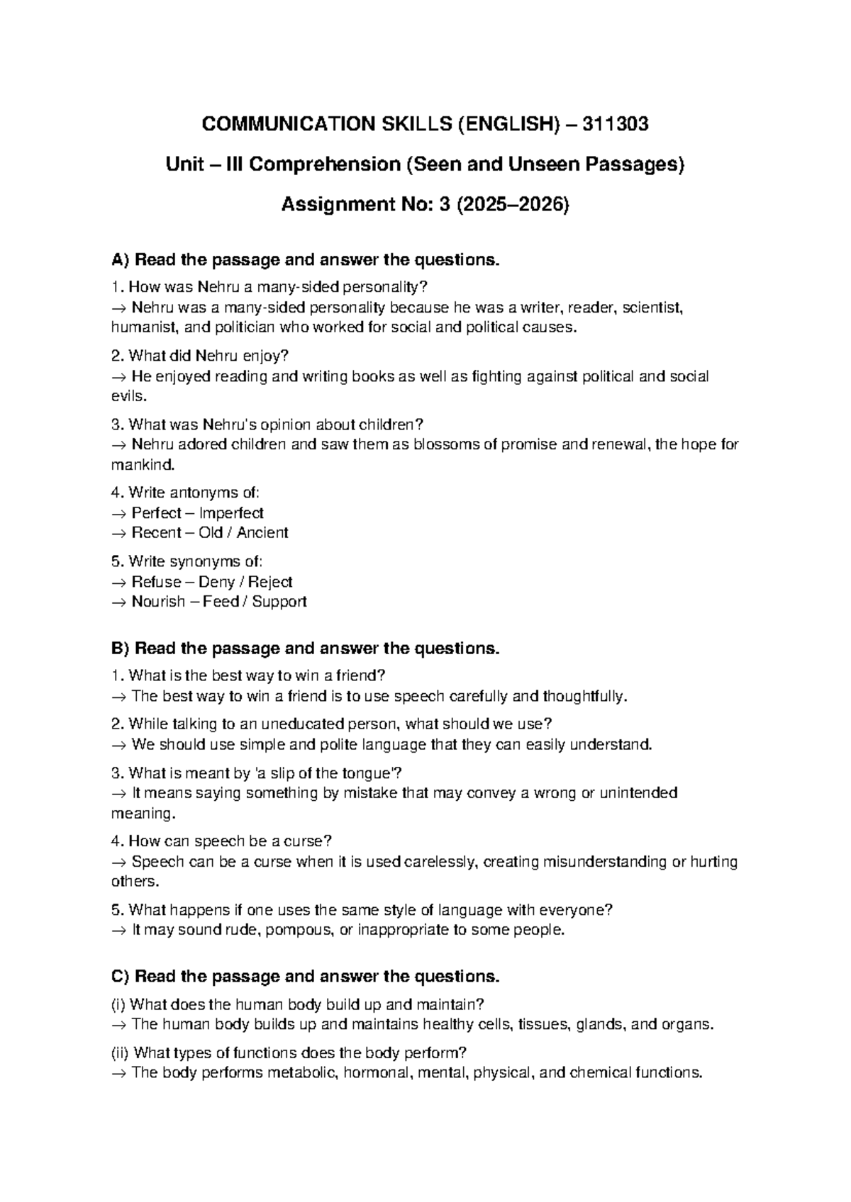 Communication Skills (English) 311303 Assignment 3: Comprehension ...