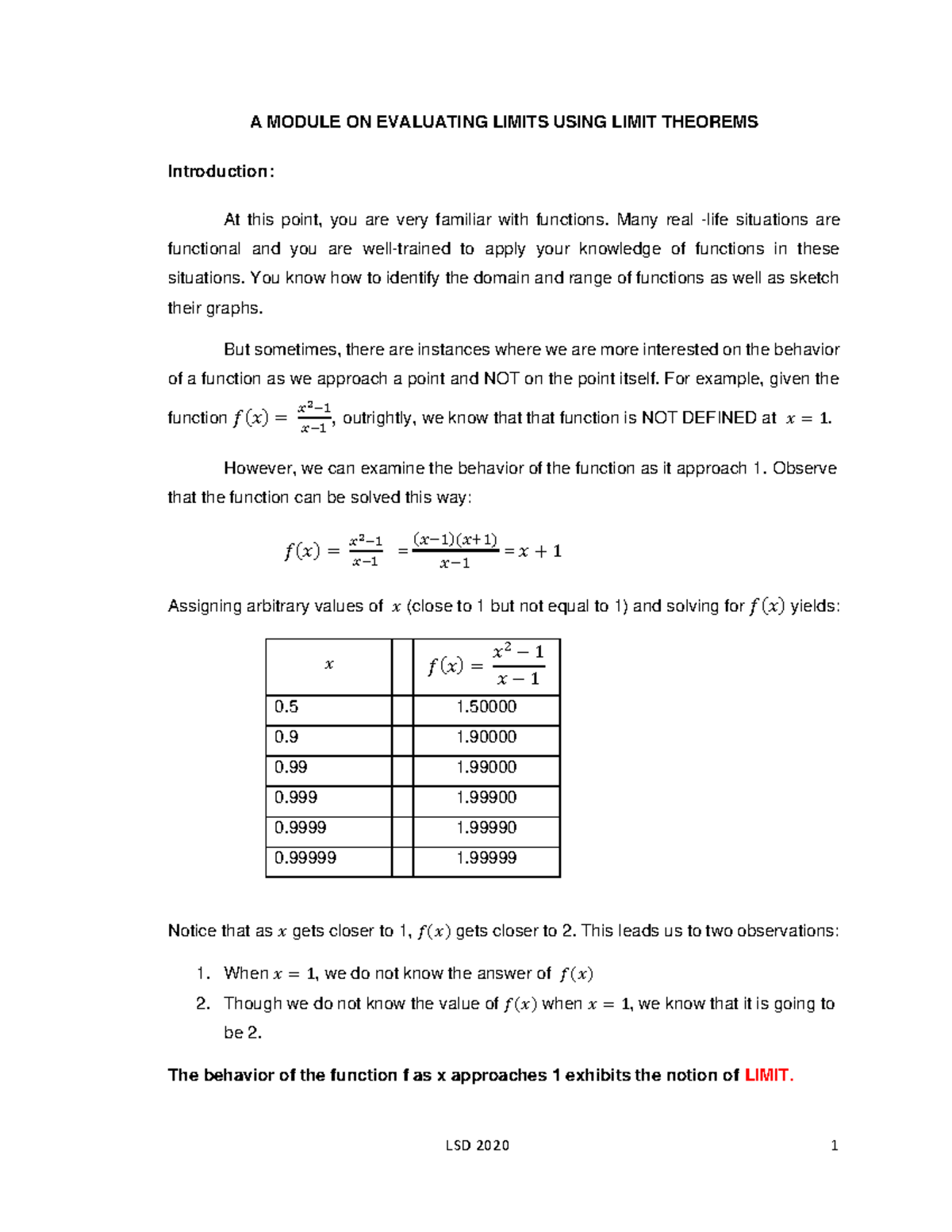 Module 1: Evaluating Limits with Limit Theorems in Differential ...