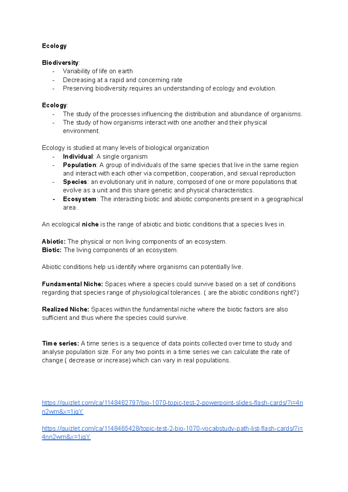 Bio 1070: Ecology Unit Lecture Notes on Biodiversity and Life ...