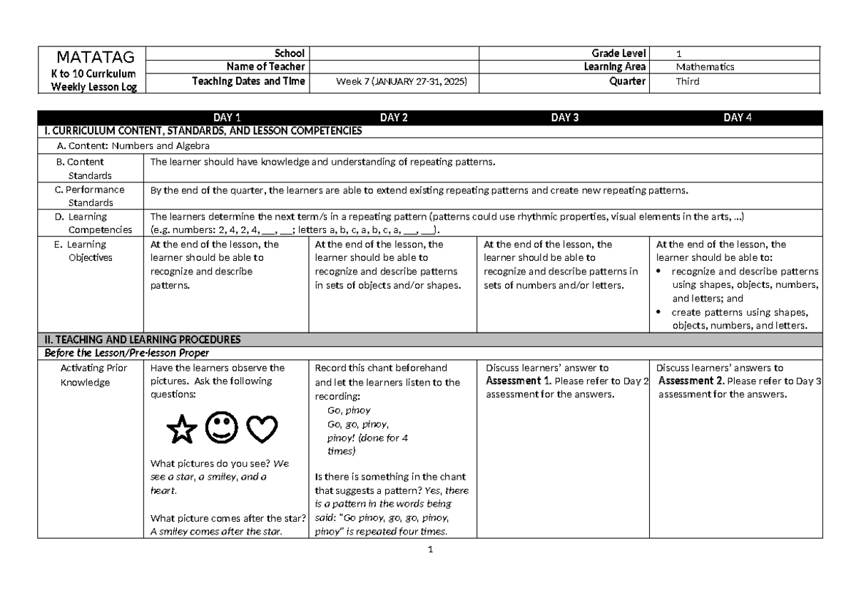 MATH 1 DLL Q3 WEEK 7 - Weekly Lesson Log on Patterns - Studocu