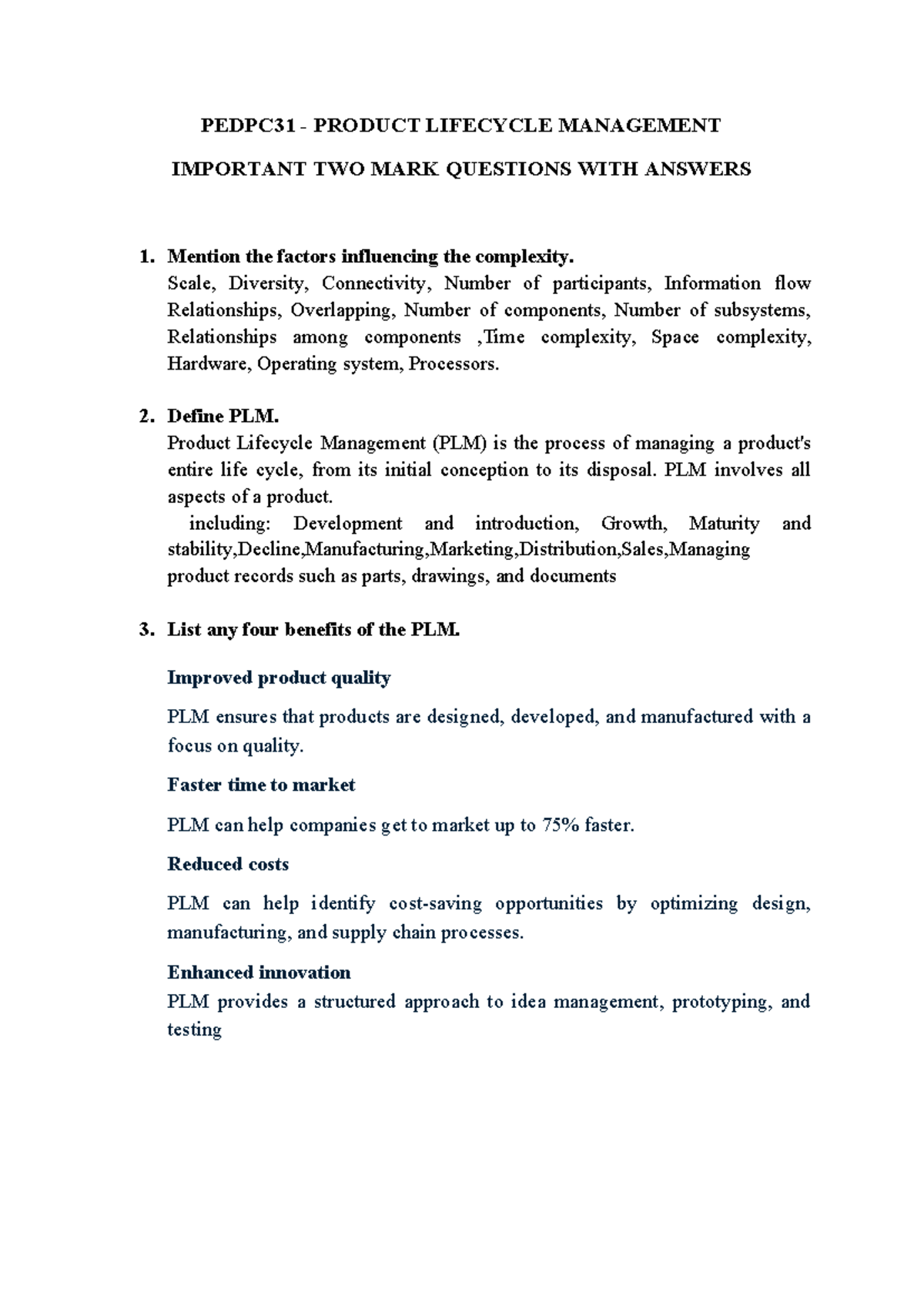 PEDPC31 - PLM Important Two Mark Q&A Semester Notes - Studocu