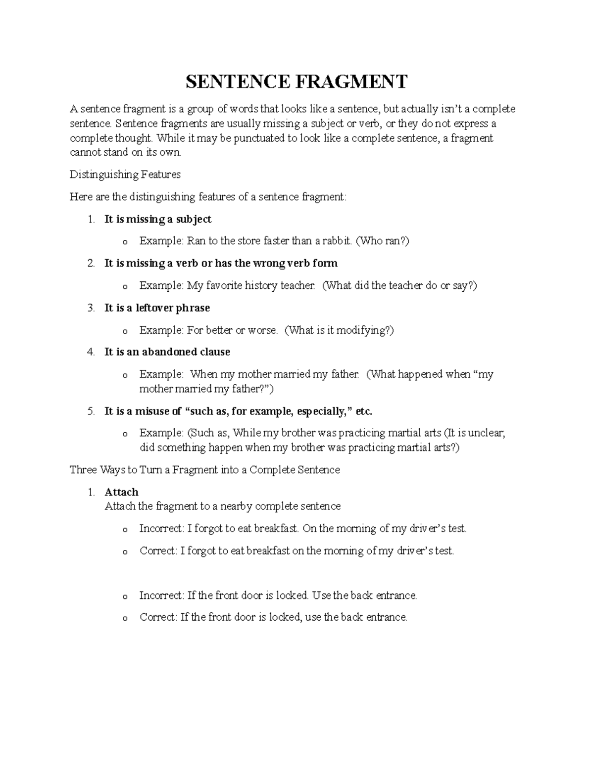 Understanding Sentence Fragments and Corrections (ENG 101) - Studocu