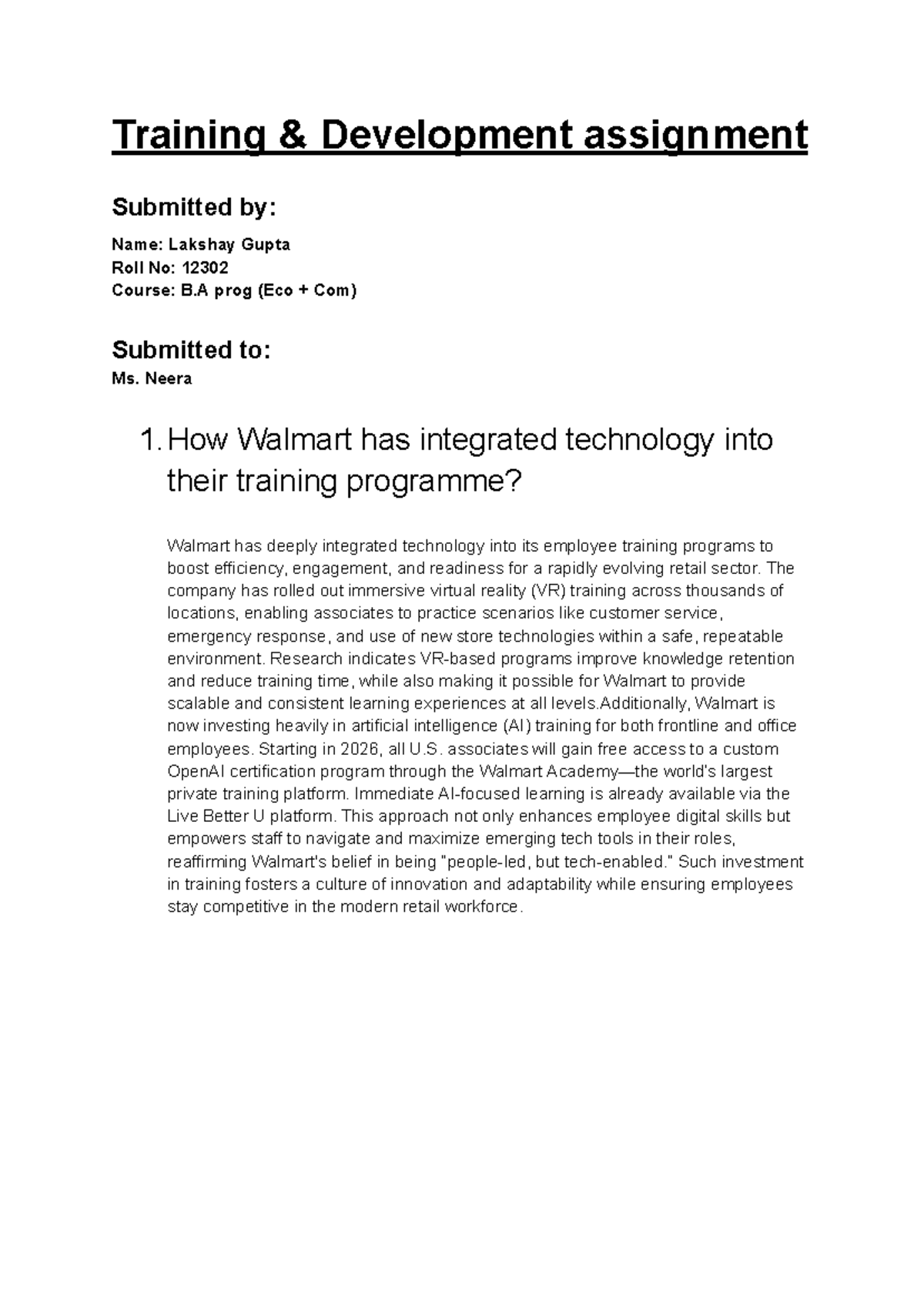 B.A. Prog (Eco Com) Training & Development Assignment on Walmart's Tech ...