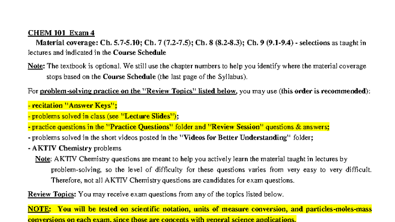 CHEM 101 Exam 4 Review Sheet: Ch. 7-9 Material Overview - Studocu