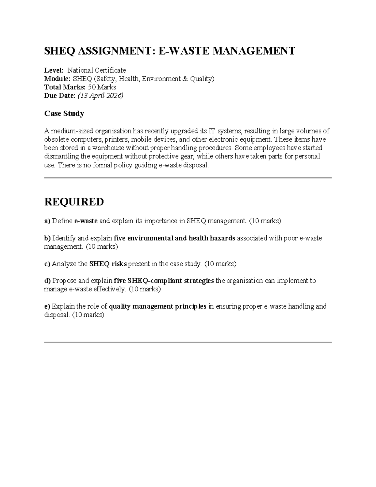 SHEQ Case Study Assignment: Management Strategies & Risks Analysis ...