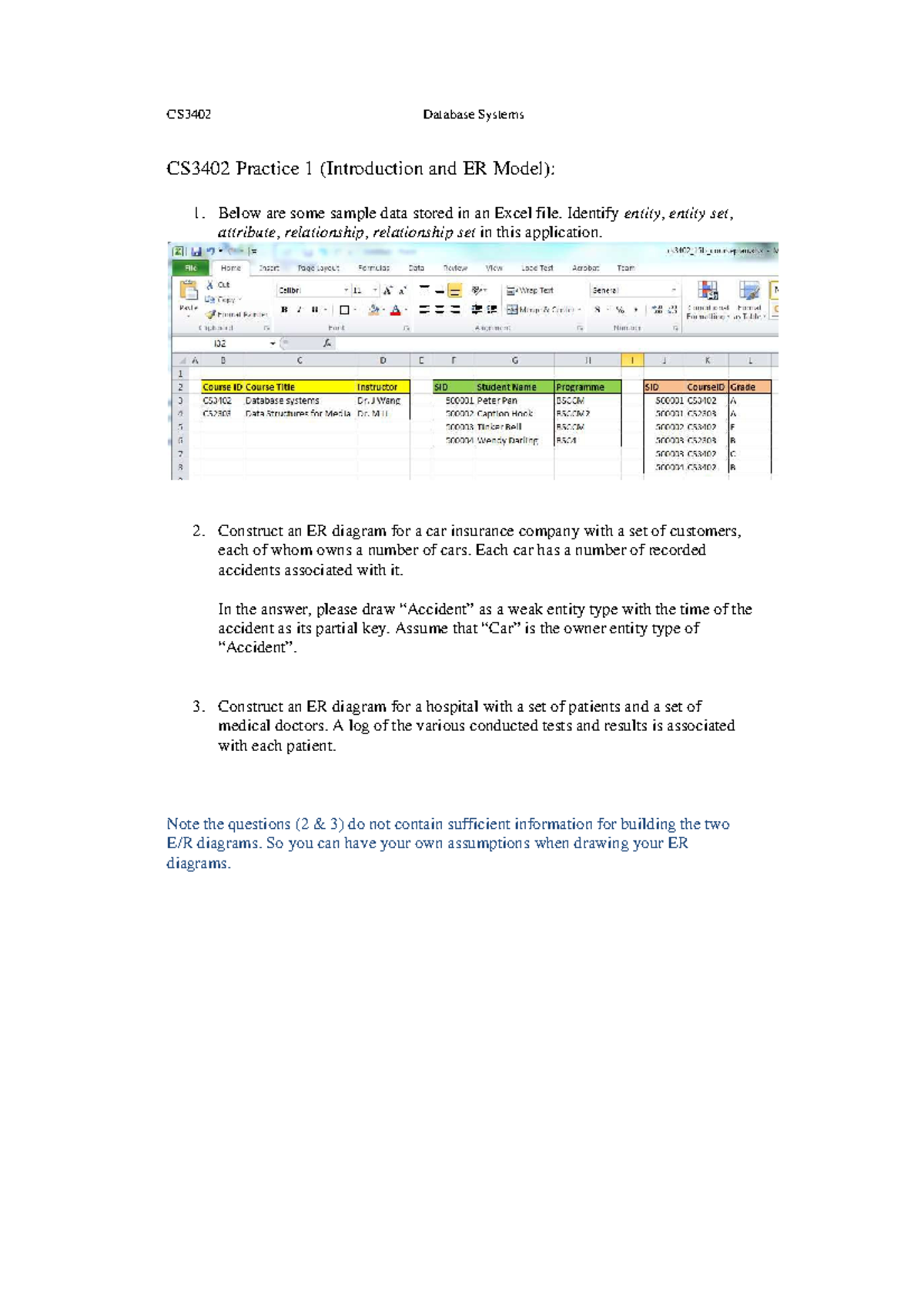CS3402 Database Systems: Practice 1 - ER Model & Diagrams - Studocu